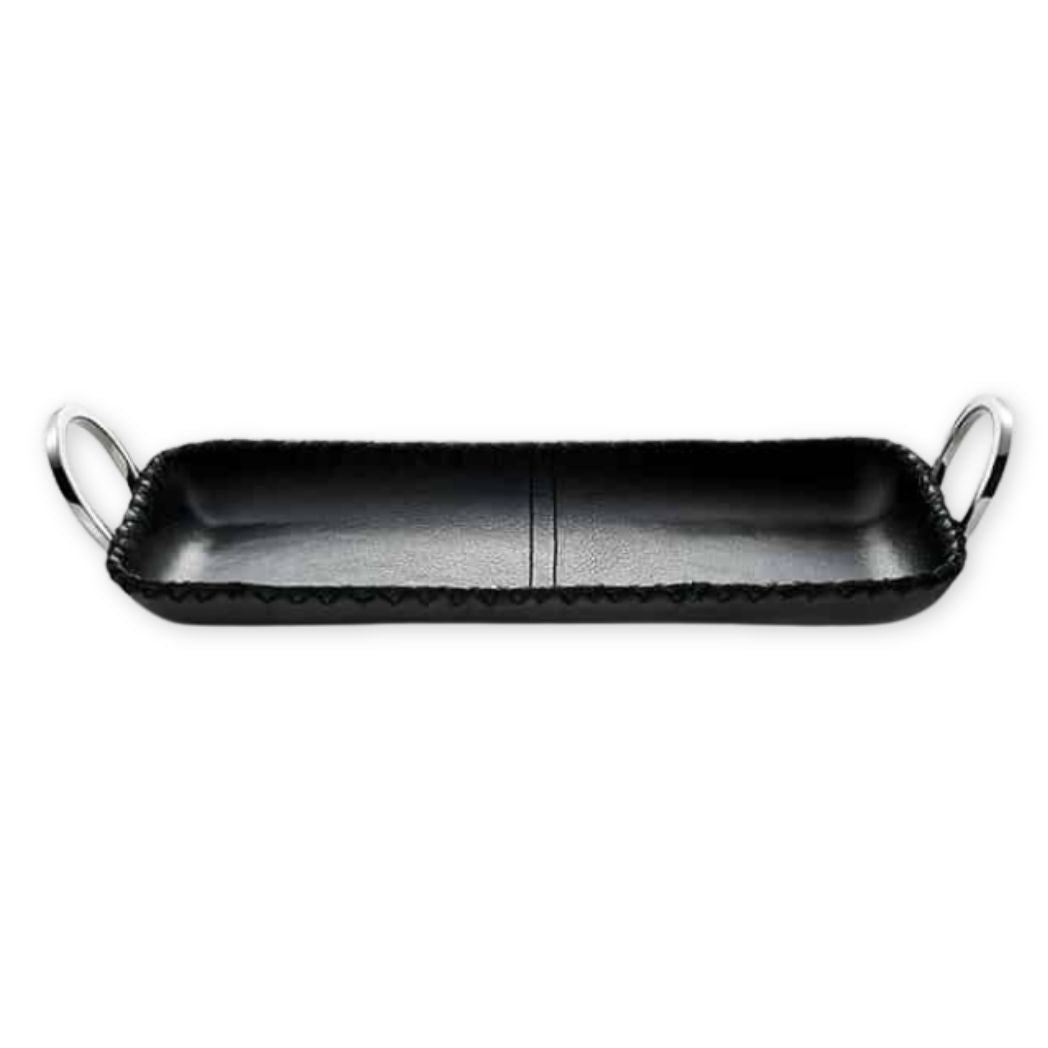 Black rectangular tray with handles on a white background