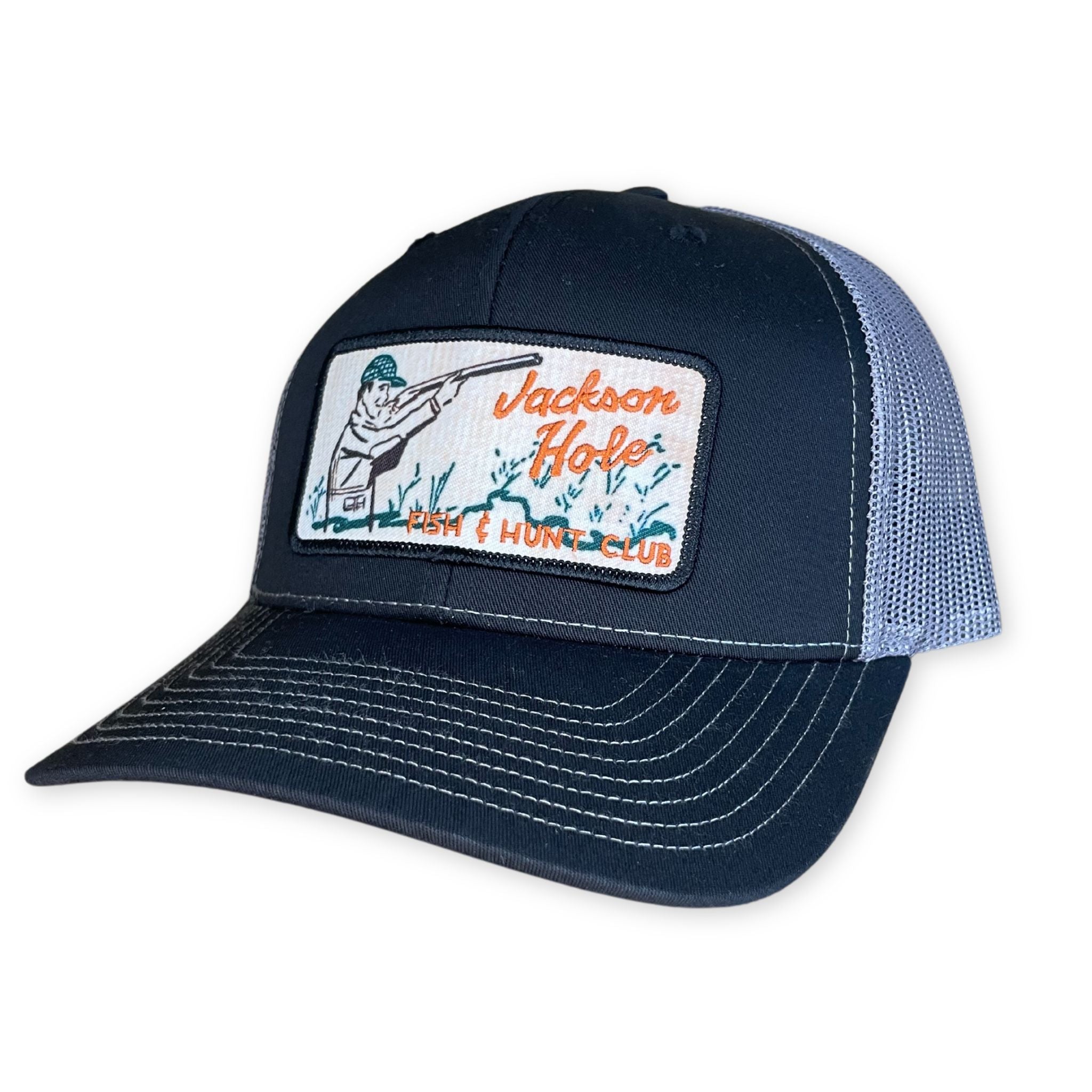 Black Trucker hat with Grey mesh back and patch on front 