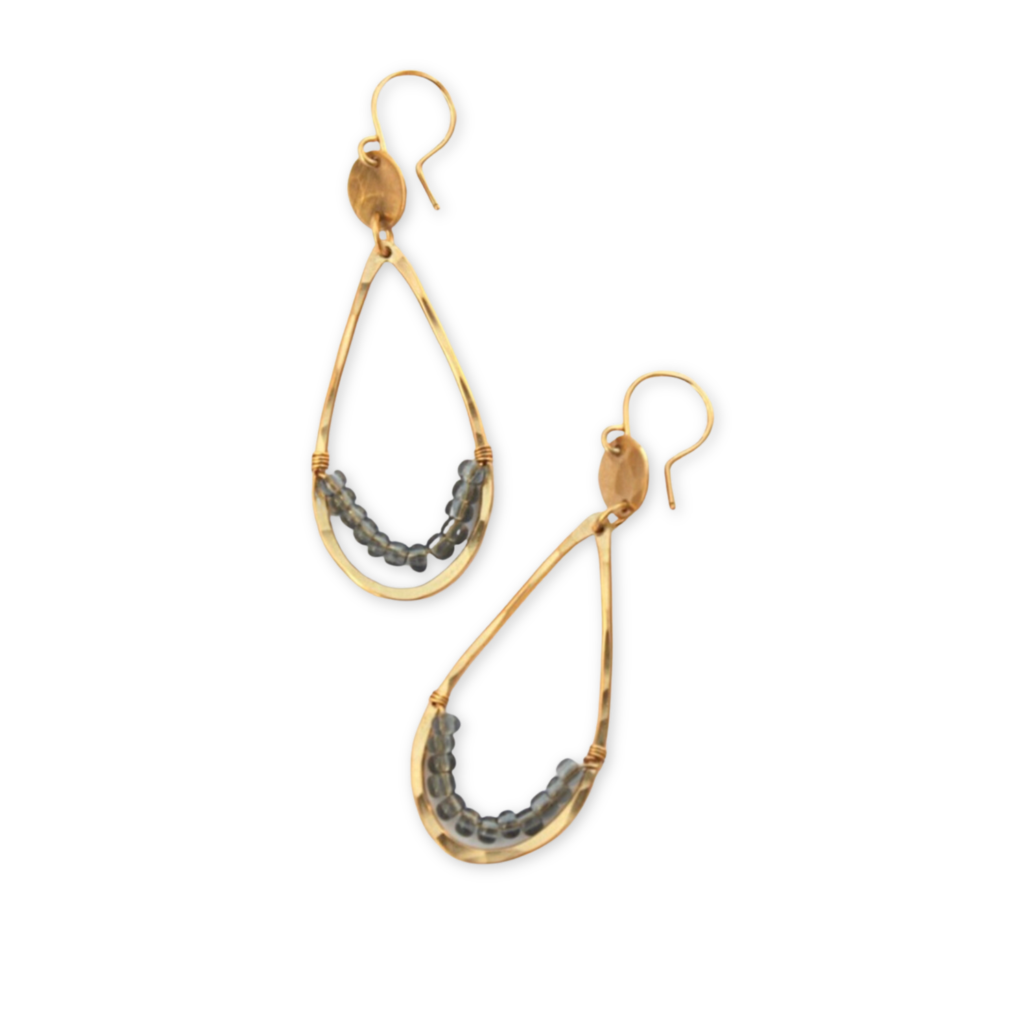 hand forged teardrop shaped earrings with Czech glass beads