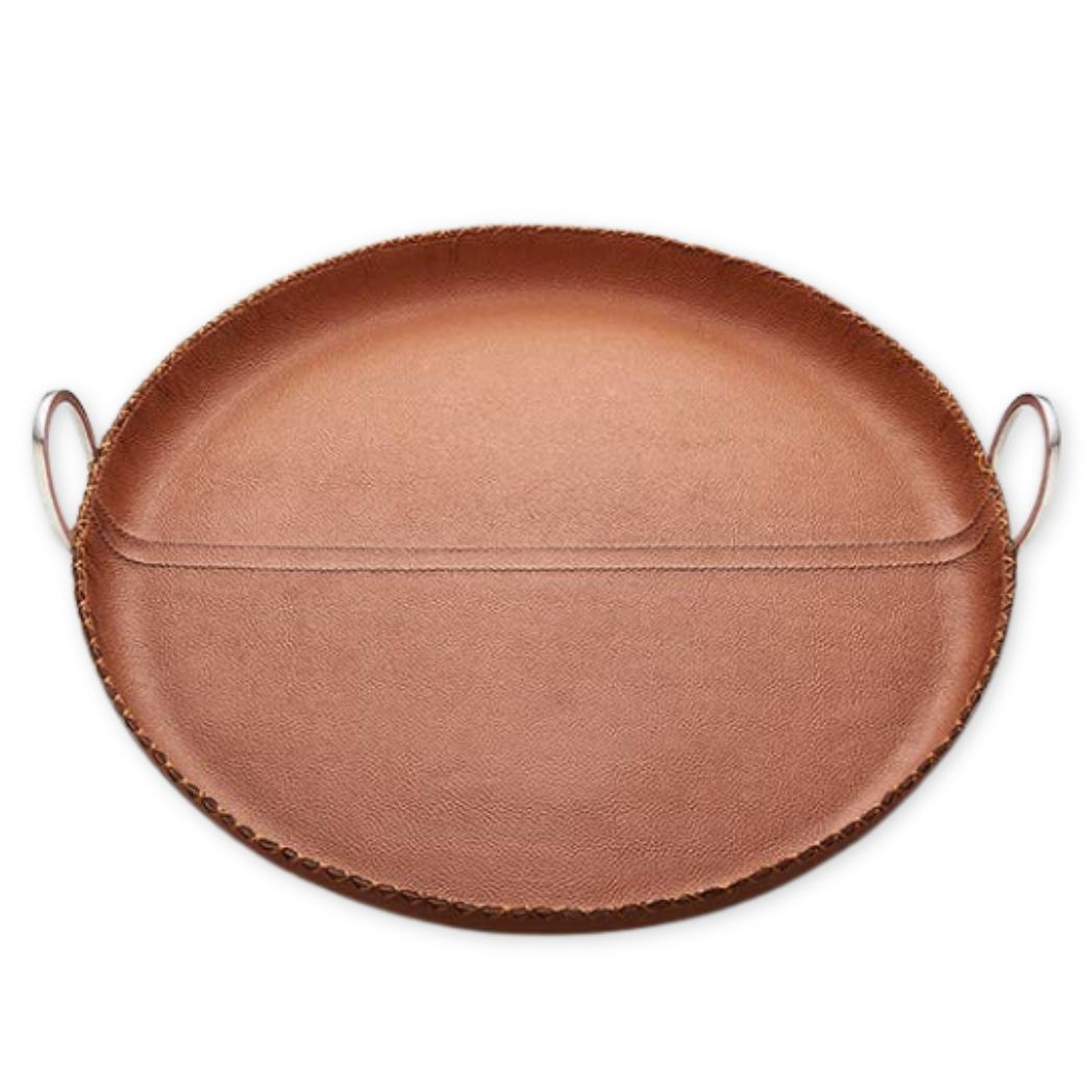 Round brown tray with handles on a white background