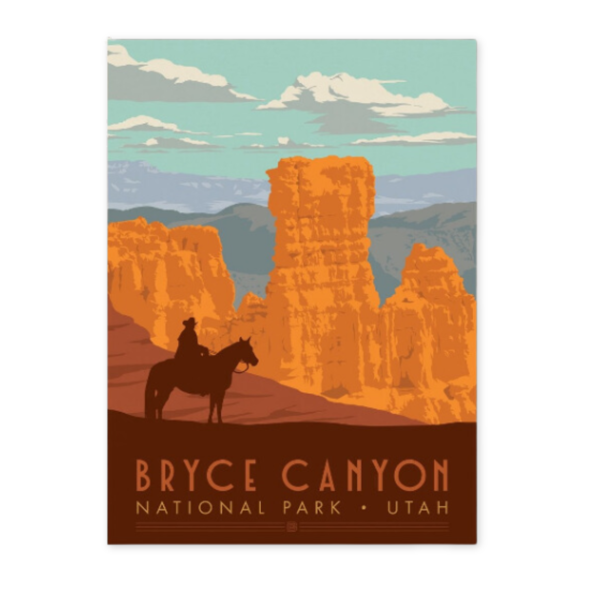 print of bryce canyon national park with an image of a man on horseback 
