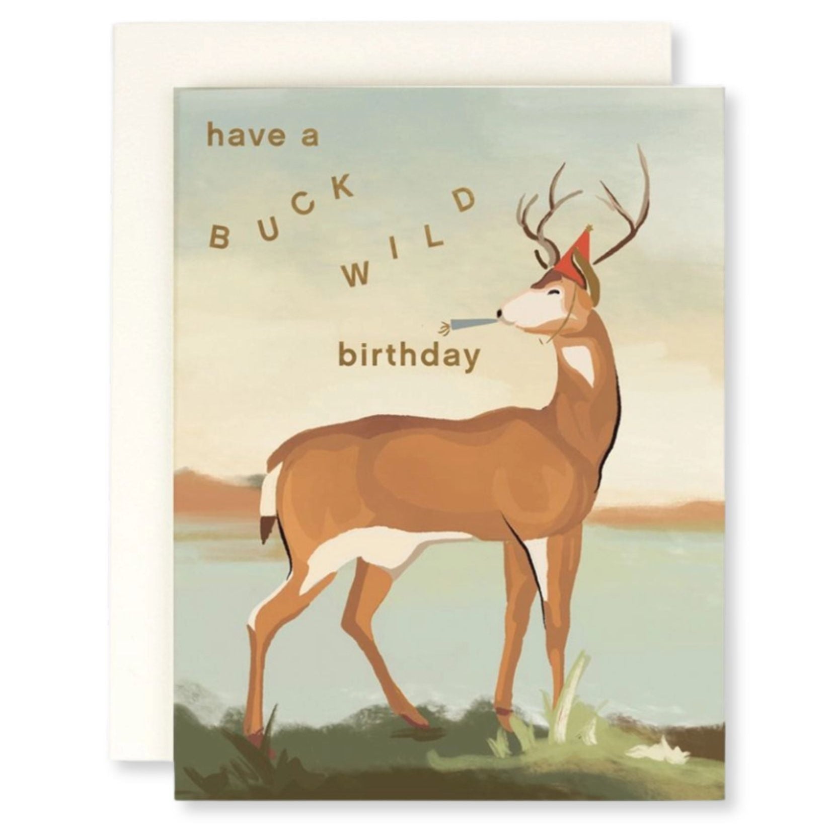 Birthday card with a deer illustration and text 'have a BUCK WILD birthday' on a light green background.