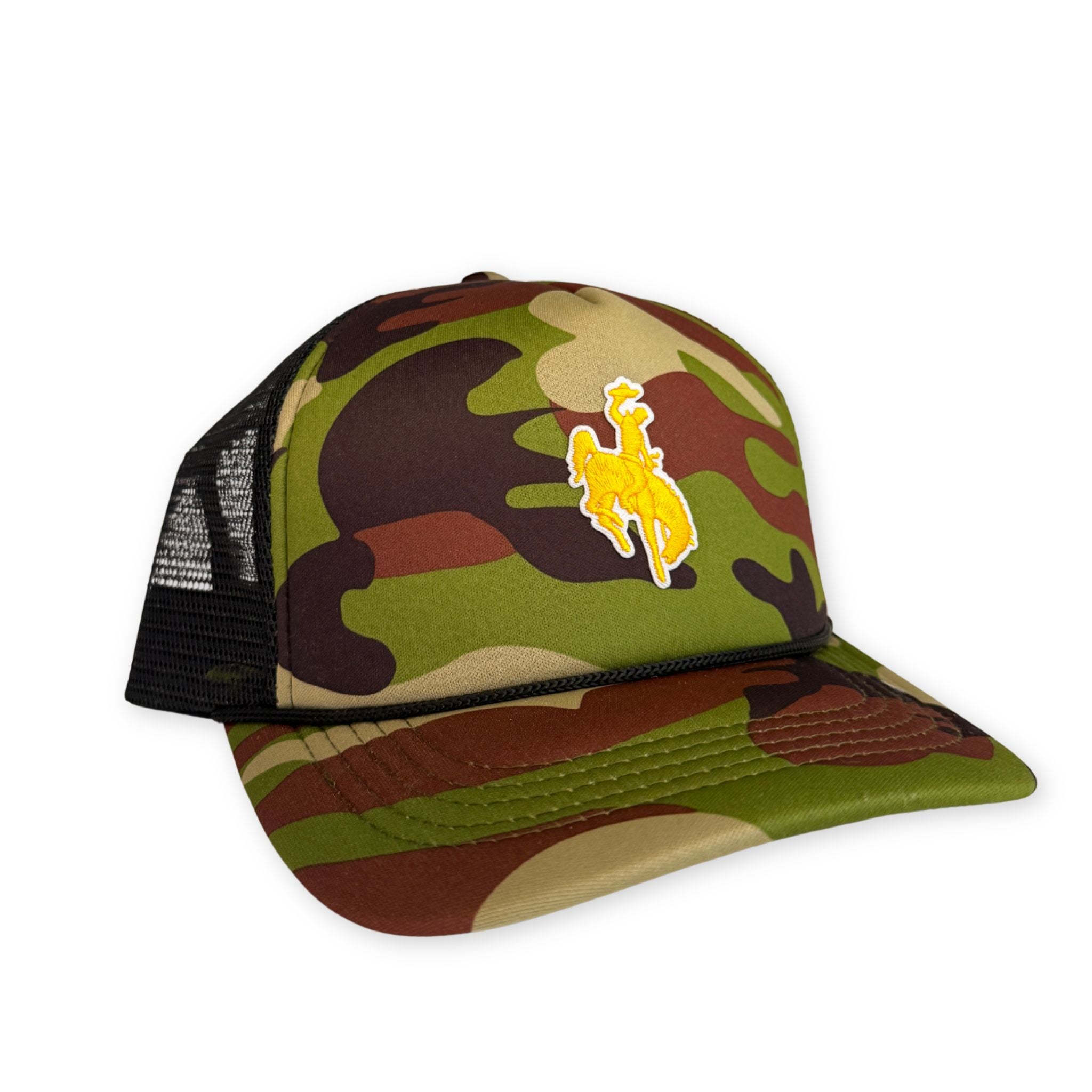 Camouflage trucker hat with bucking bronco patch in yellow