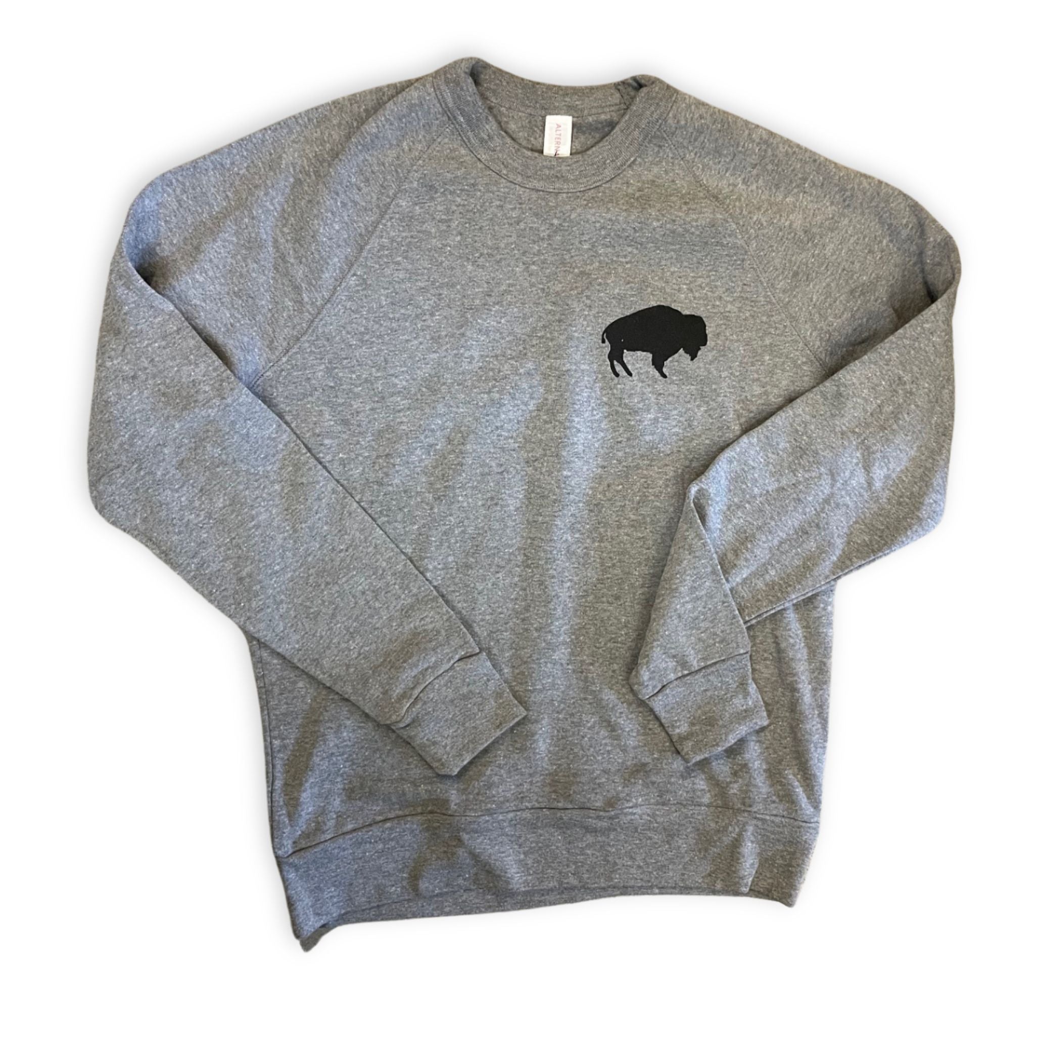 Grey crewneck sweatshirt with a black bison logo on the chest