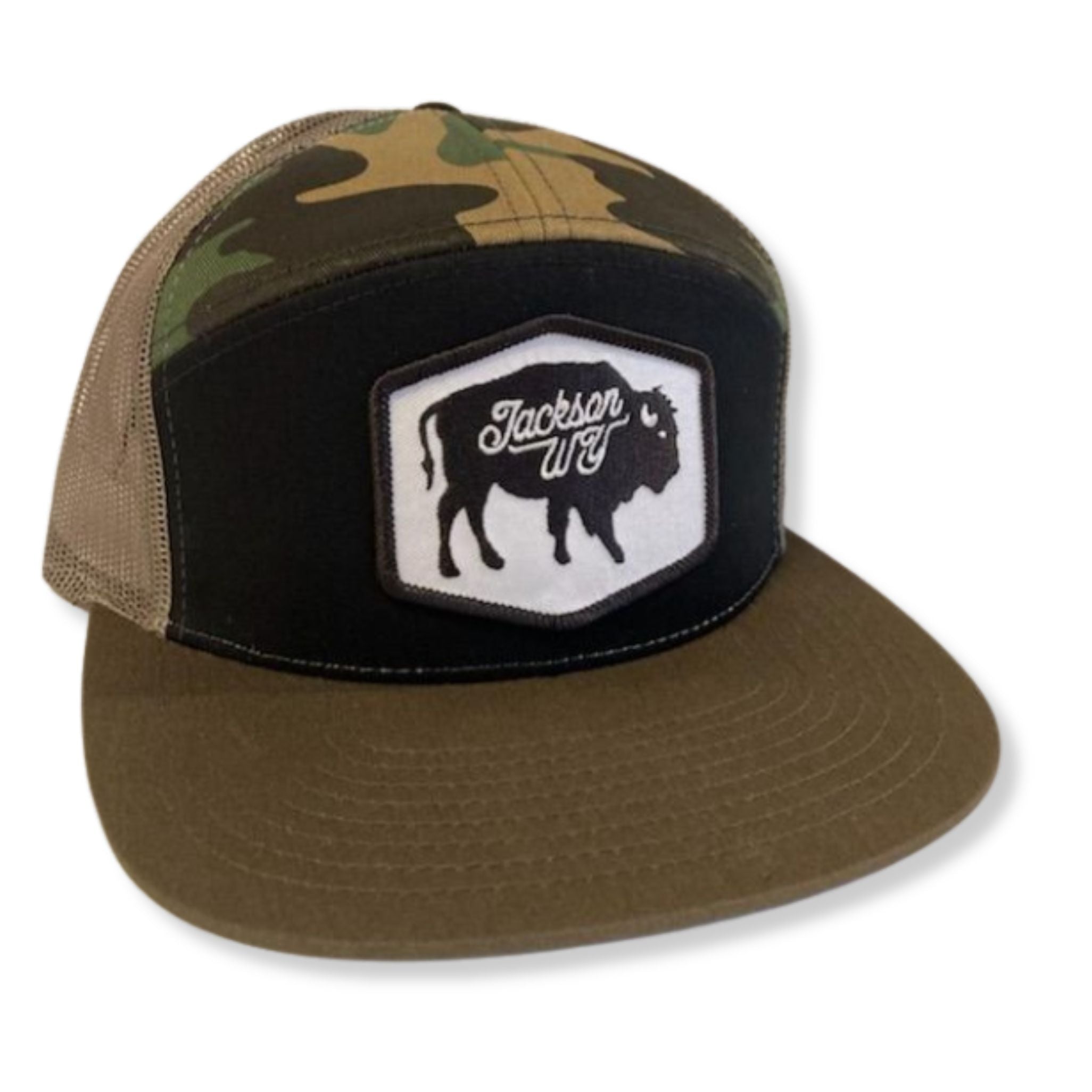 Green and Black Camo Jackson WY Bison Five Panel Hat