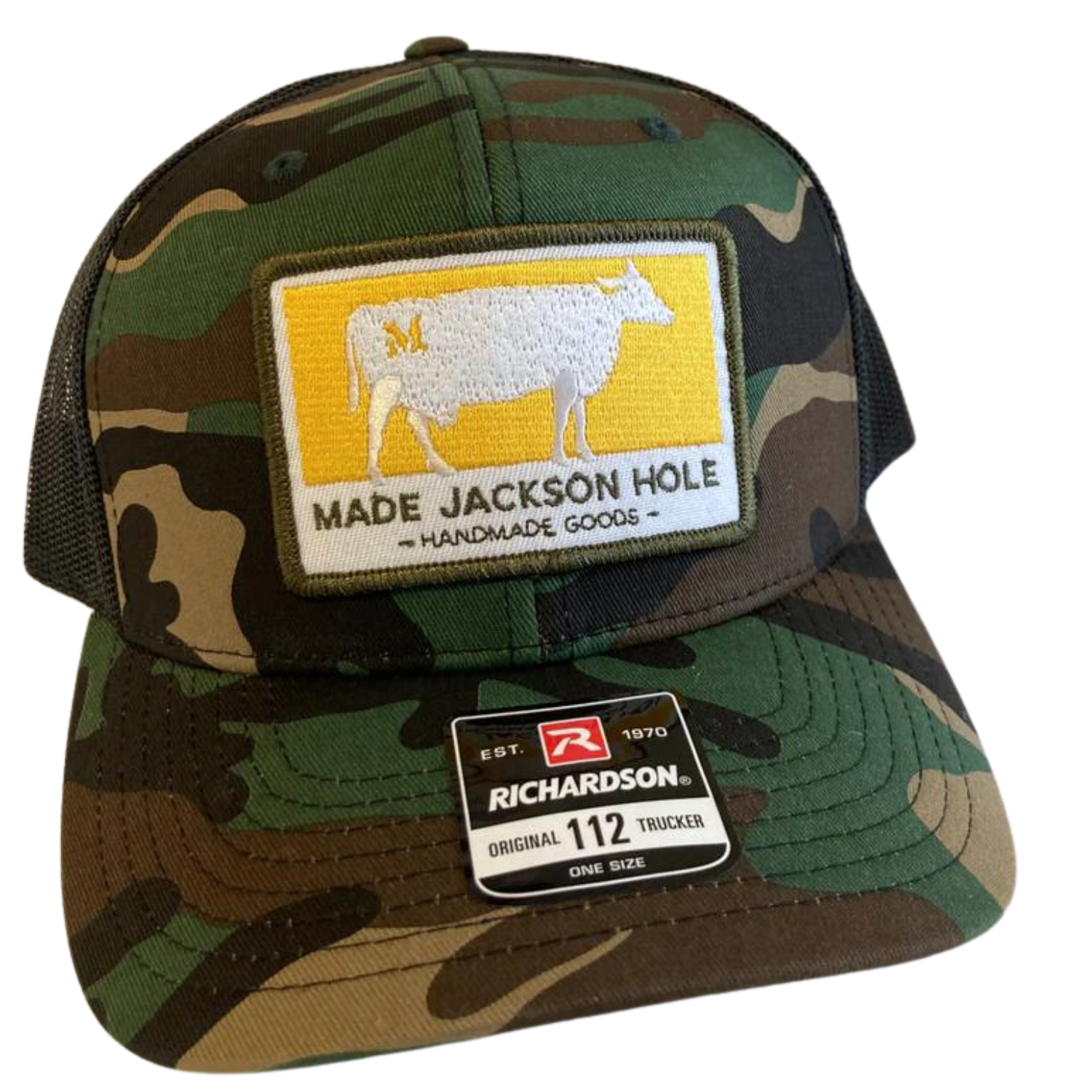 Camo Trucker Hat with Made Jackson Hole Handmade Goods Patch 