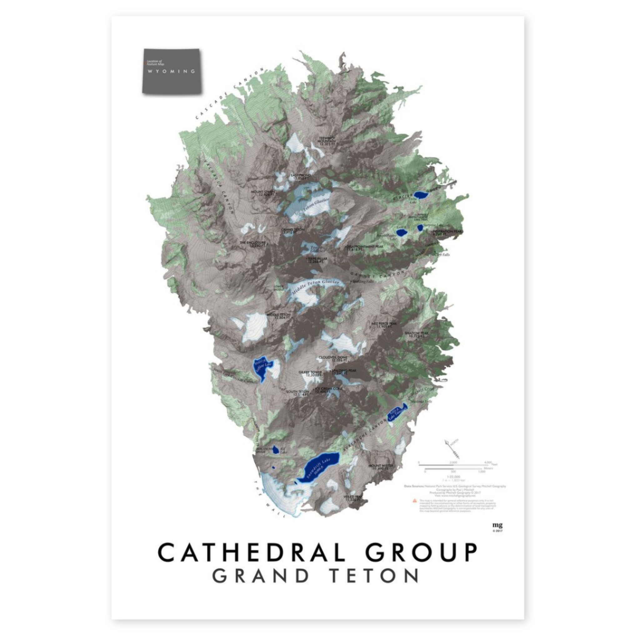 cartography map of the teton mountain range centered around the grand teton