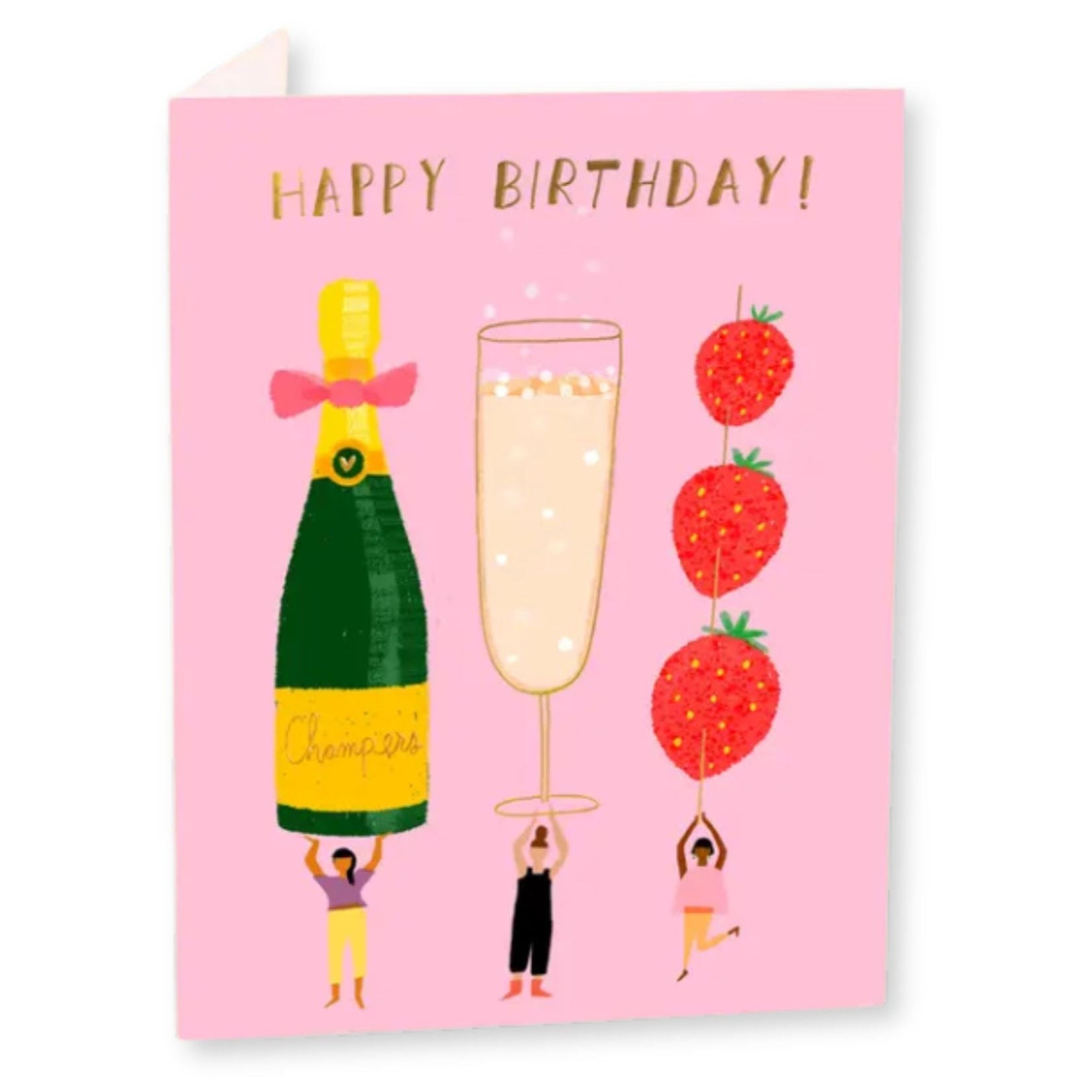 Birthday card with champagne bottle, glass, and strawberries on a pink background