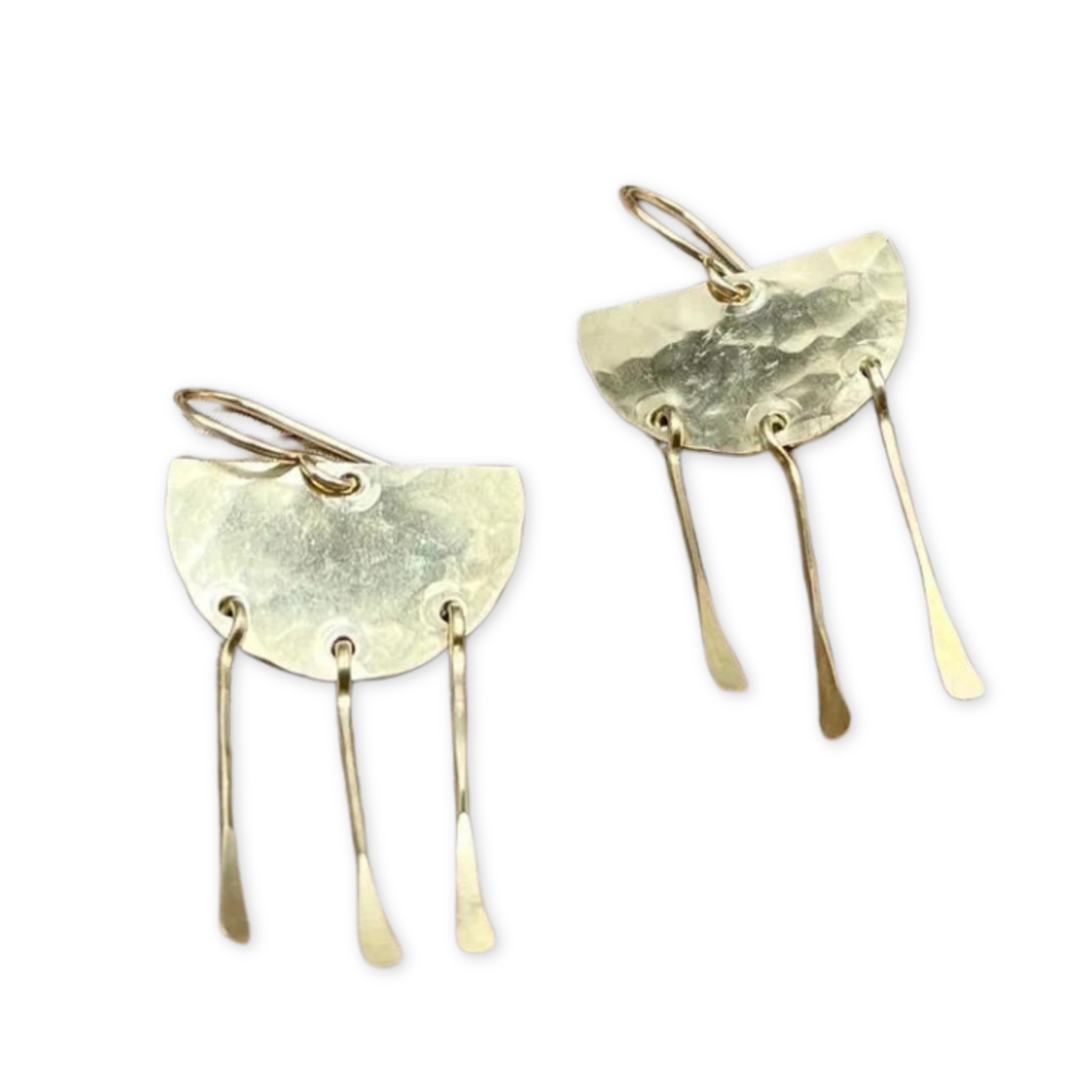 textured half circle pendants with three dangling metal fringe pieces all hanging from ear wire