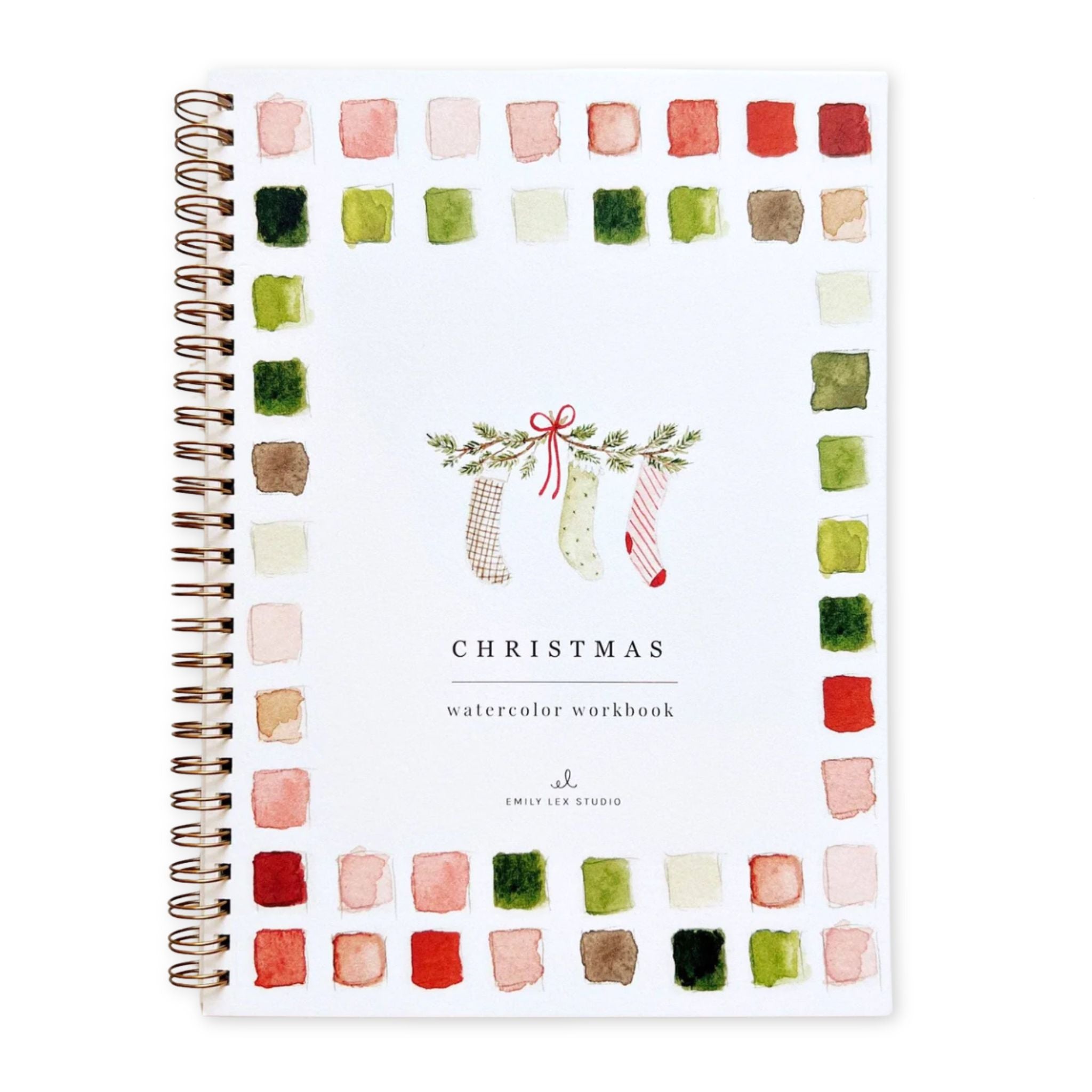 Christmas watercolor workbook with colorful square patterns and a central design.