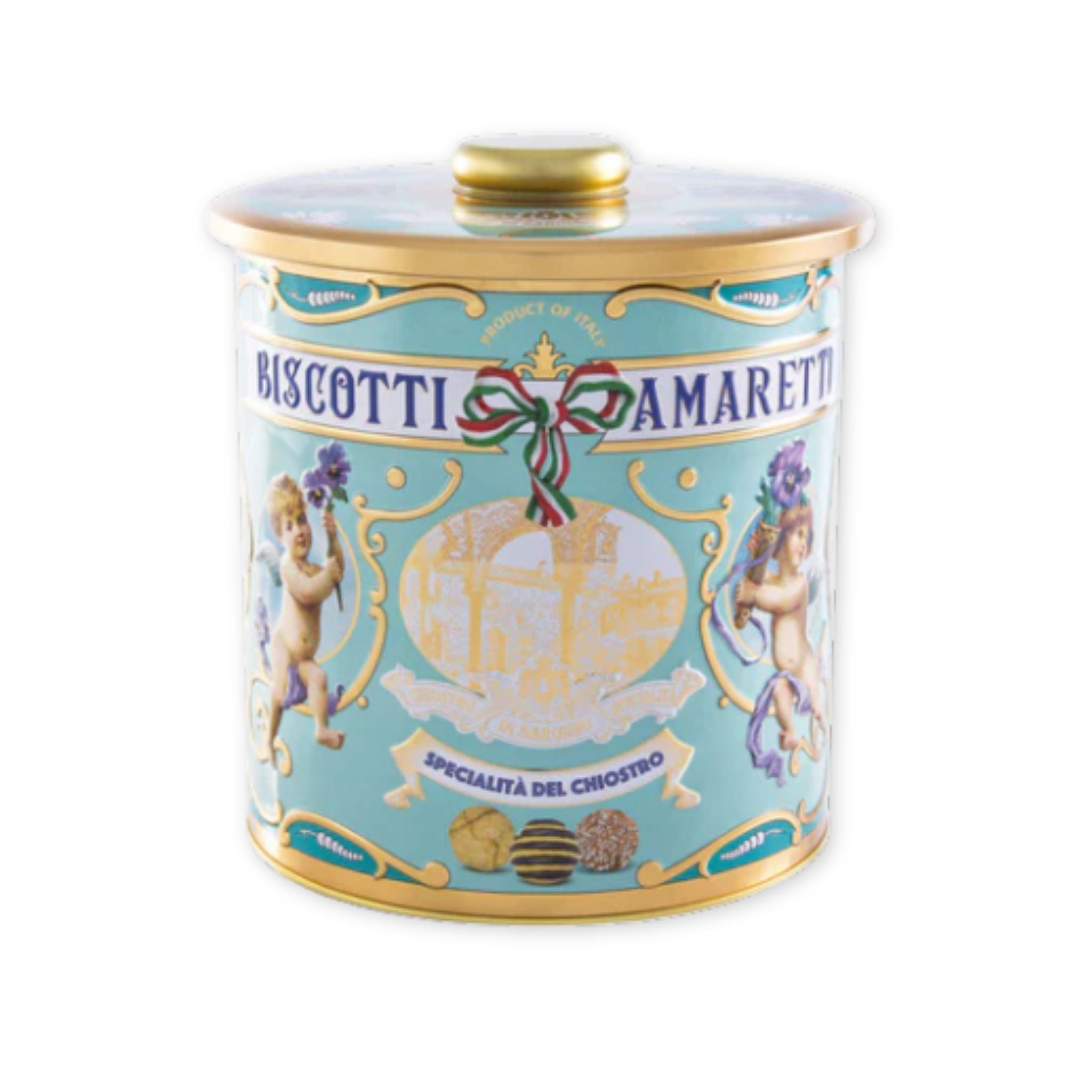 Decorative tin canister for Biscotti Amaretti with decorative design on a white background