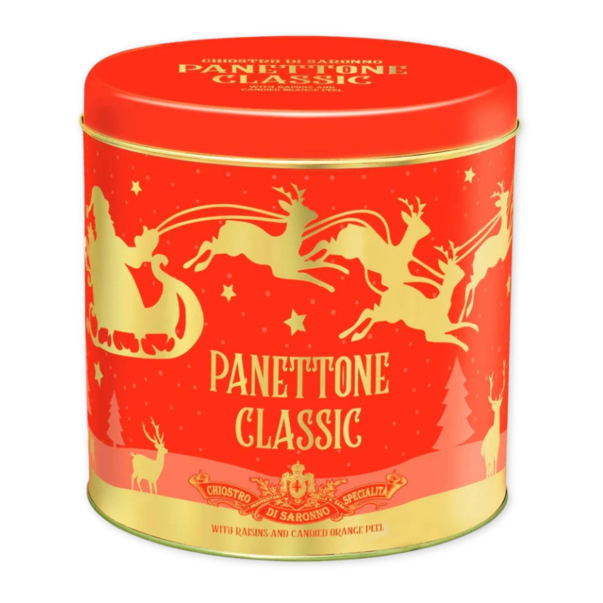 Red and gold Panettone Classic tin with reindeer design on a white background