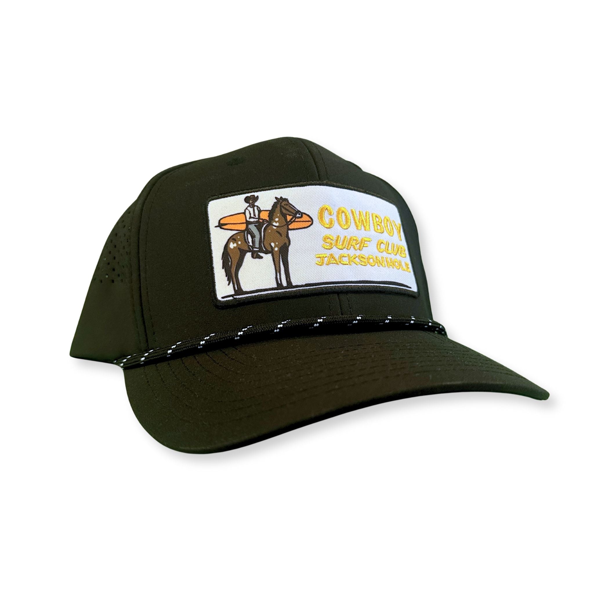 Black rope hat with the Cowboy surf club patch across the front. 