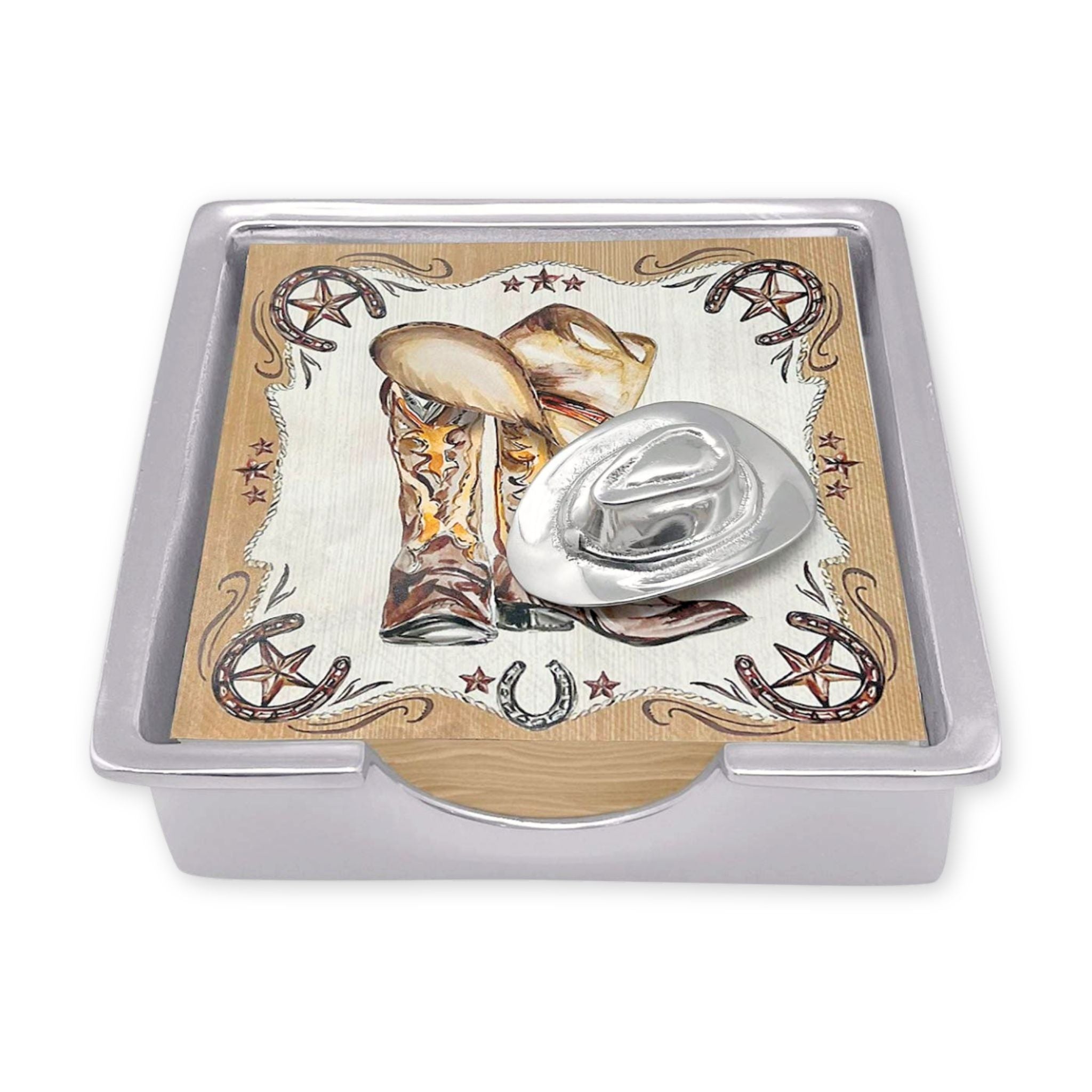 Silver ring with cowboy boot and hat design on a decorative box