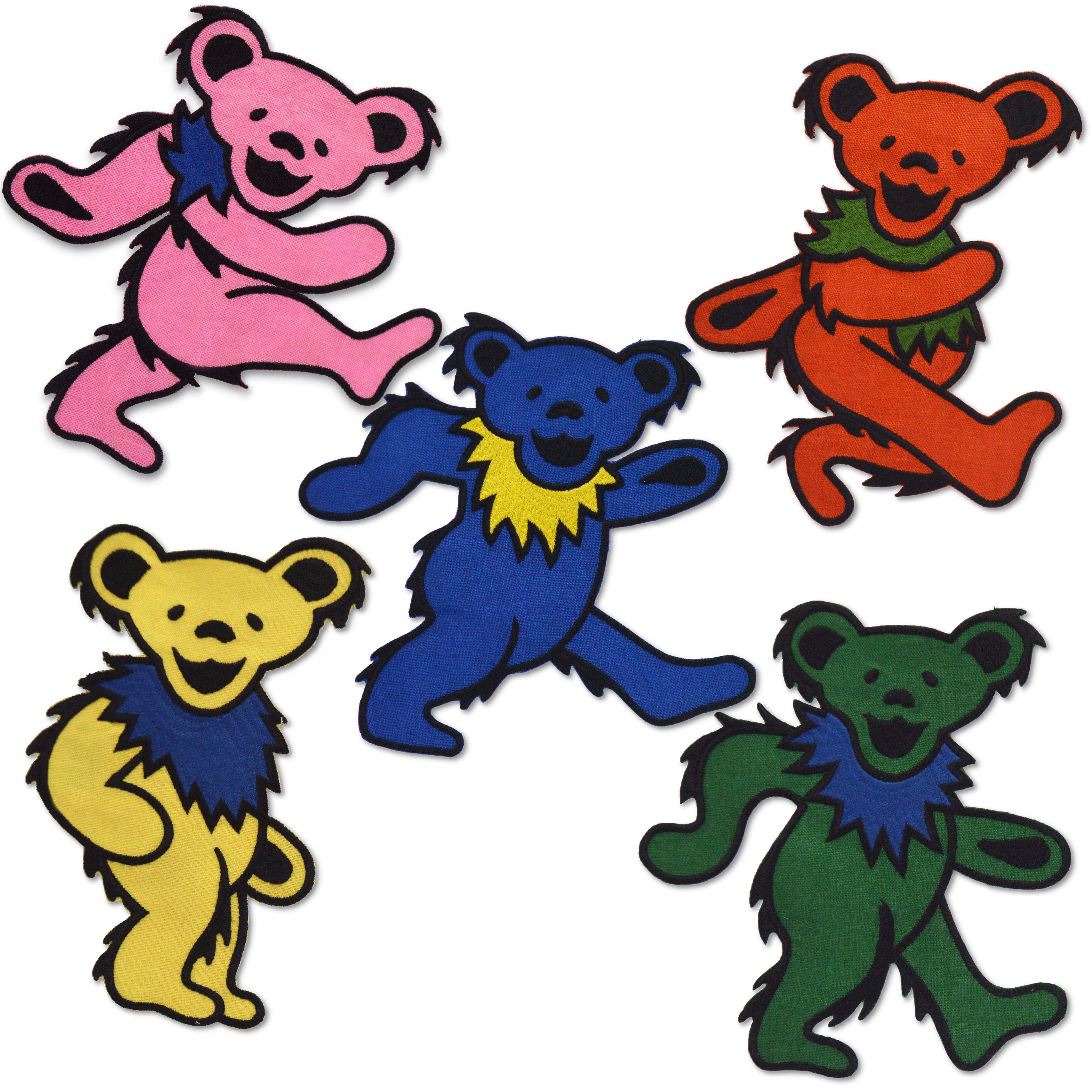 Five colorful dancing bears on a white background