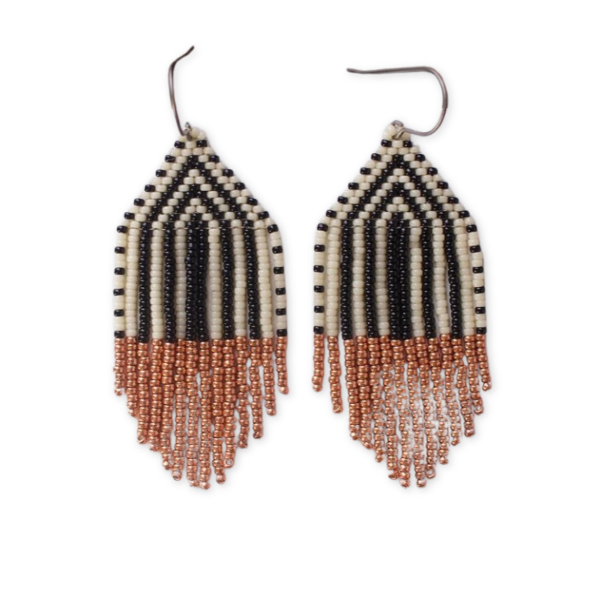 black and white hand beaded earrings with copper fringe