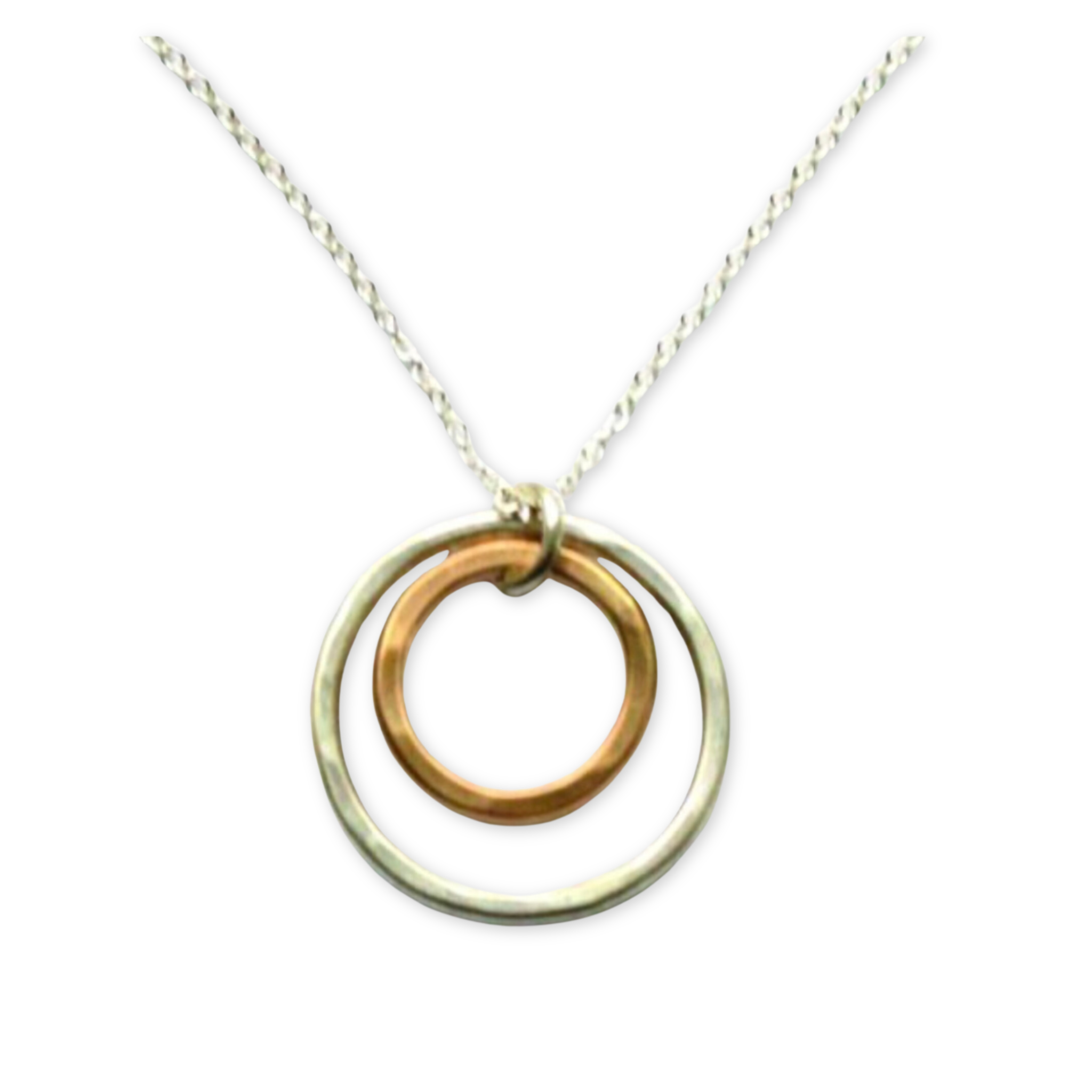 necklace with two hand forged hammered circles hanging from a thin chain
