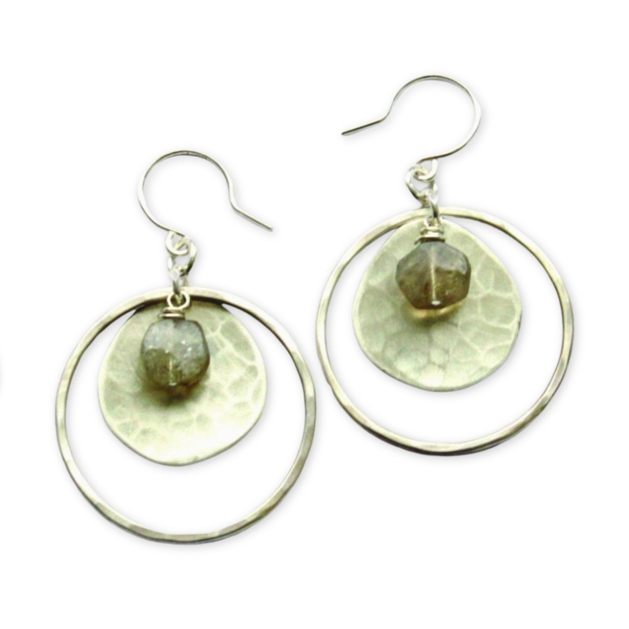 hammered open circle with a flat round hammered disc and a labradorite stone all clustered and hanging from an earwire
