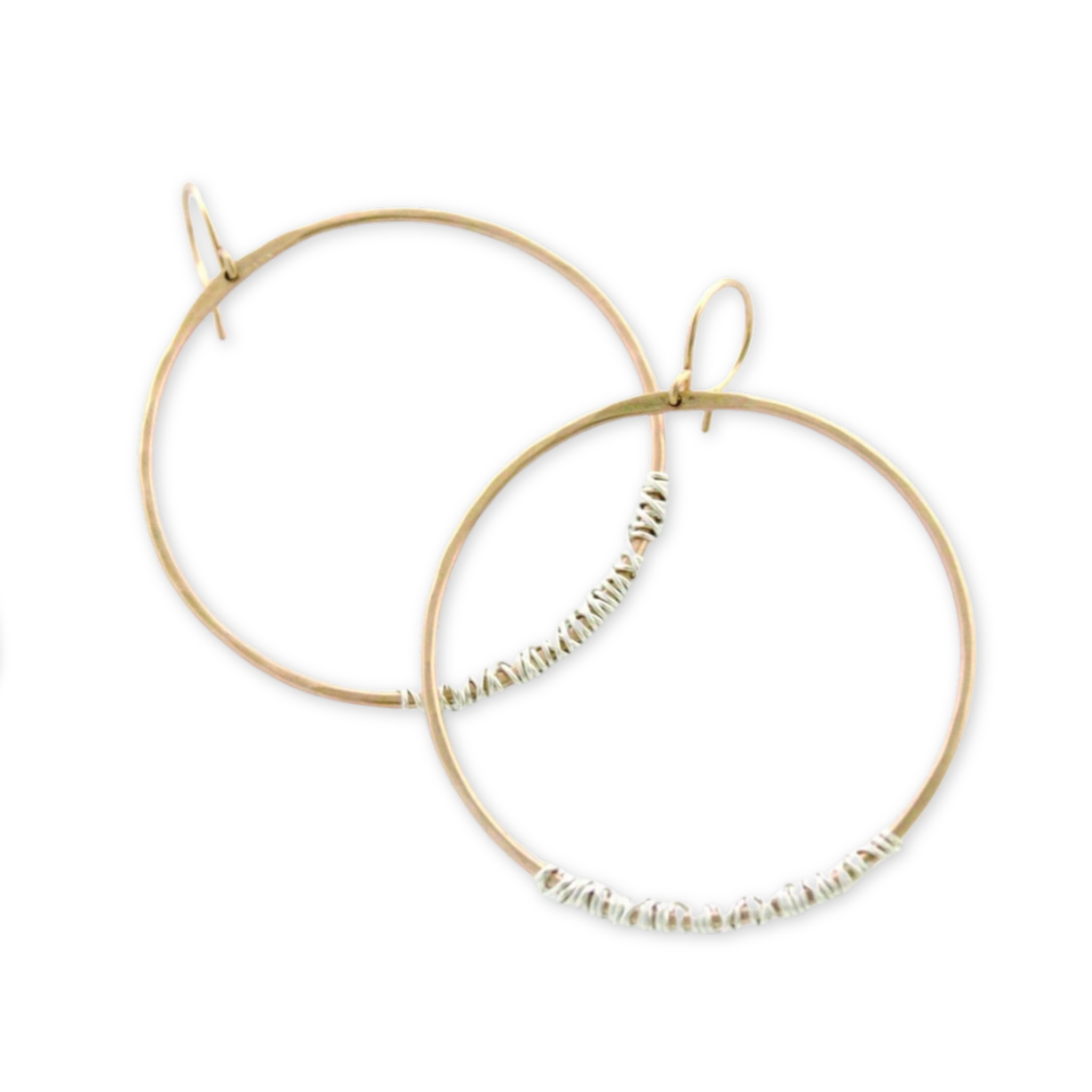 hammered hoop earrings that are partially wrapped with wire