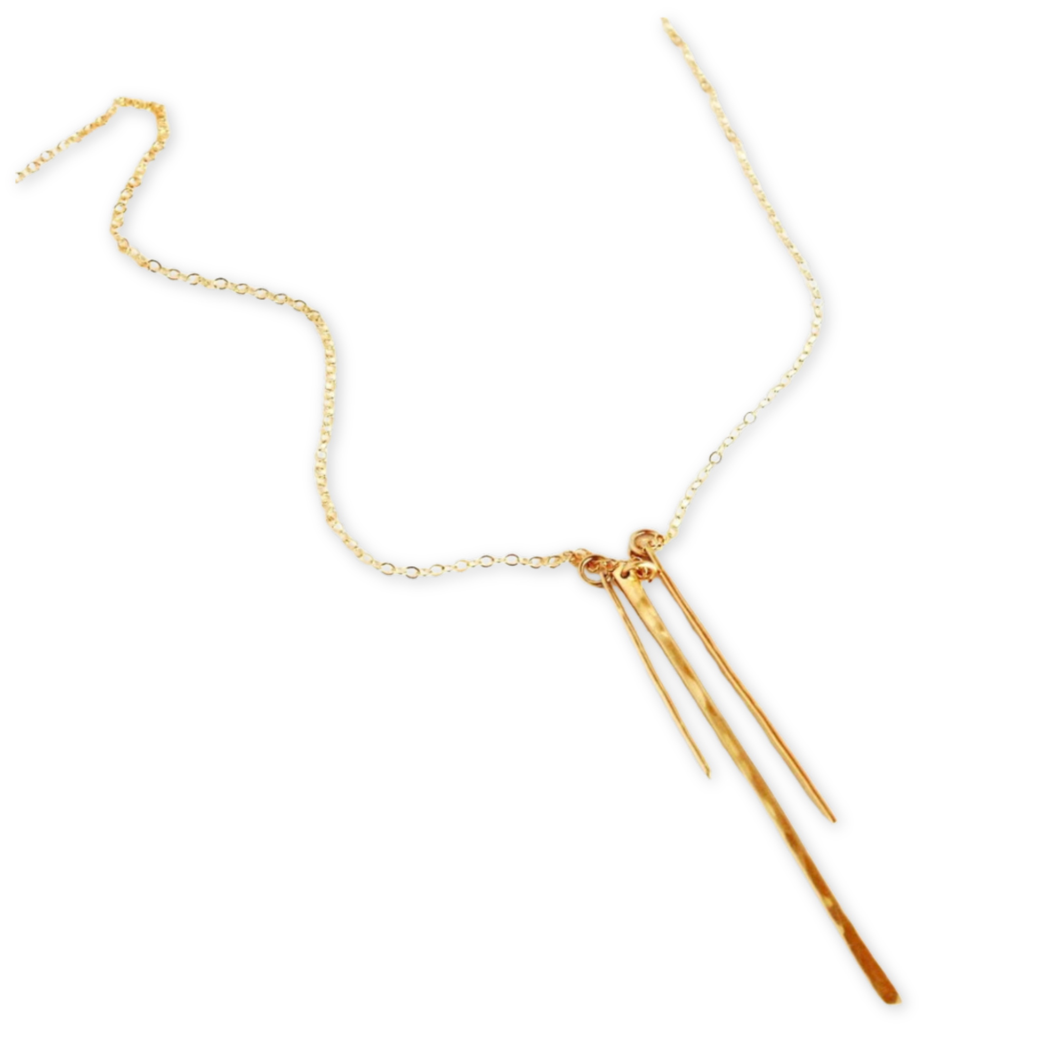 necklace with three long thin hammered stick pendants on a thin chain