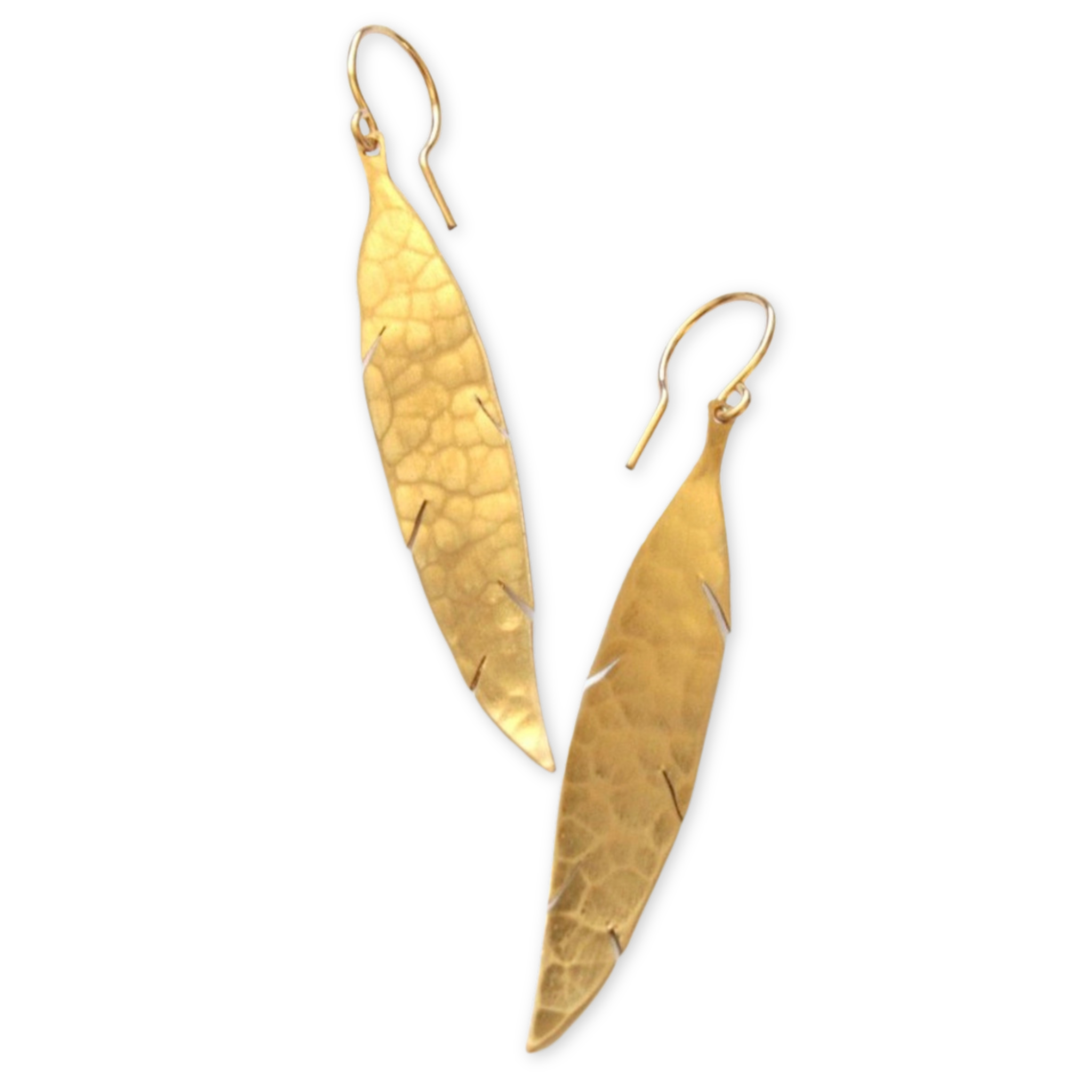 gold hammered earrings in the shape of feathers