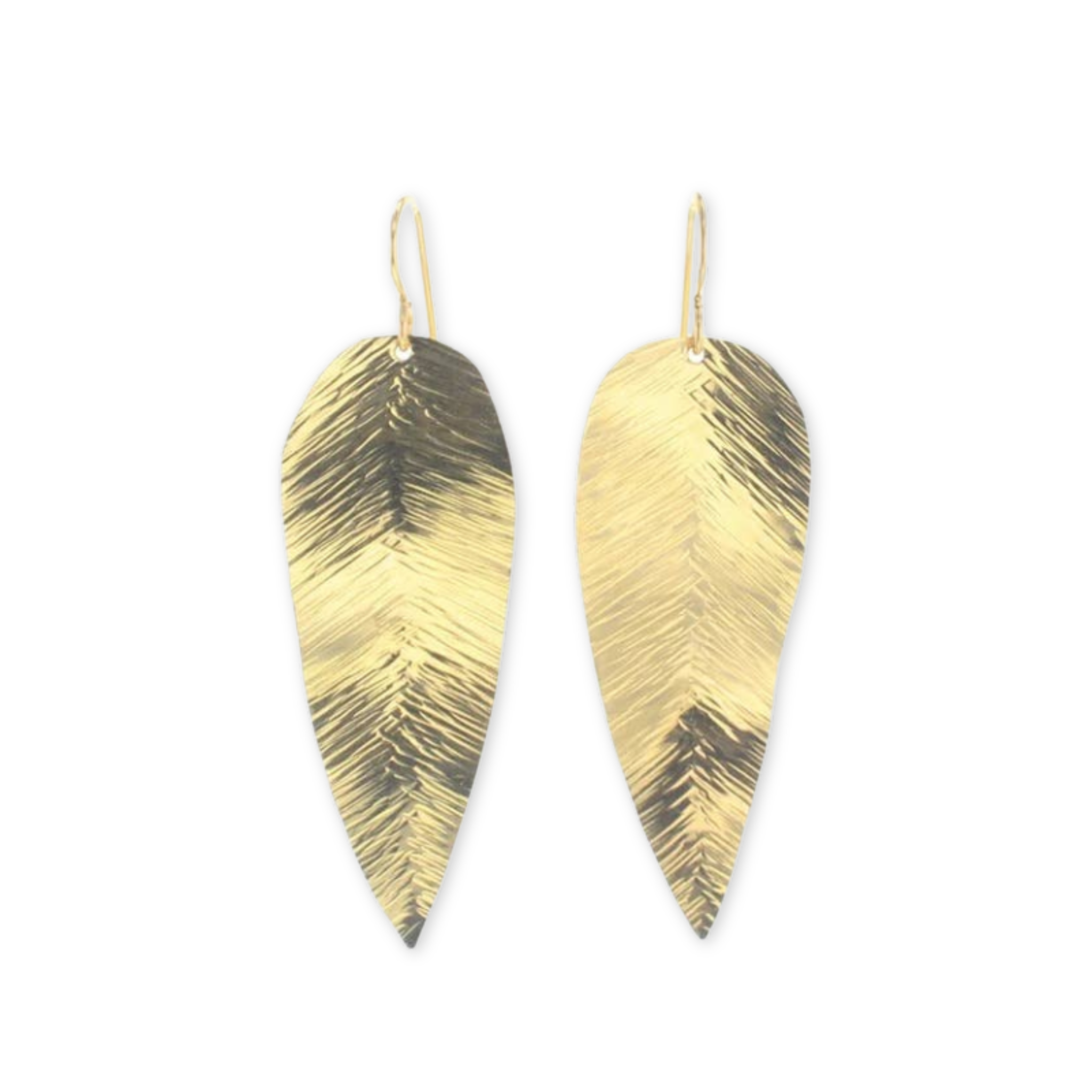 a pair of gold earrings in the shape of a fern leaf
