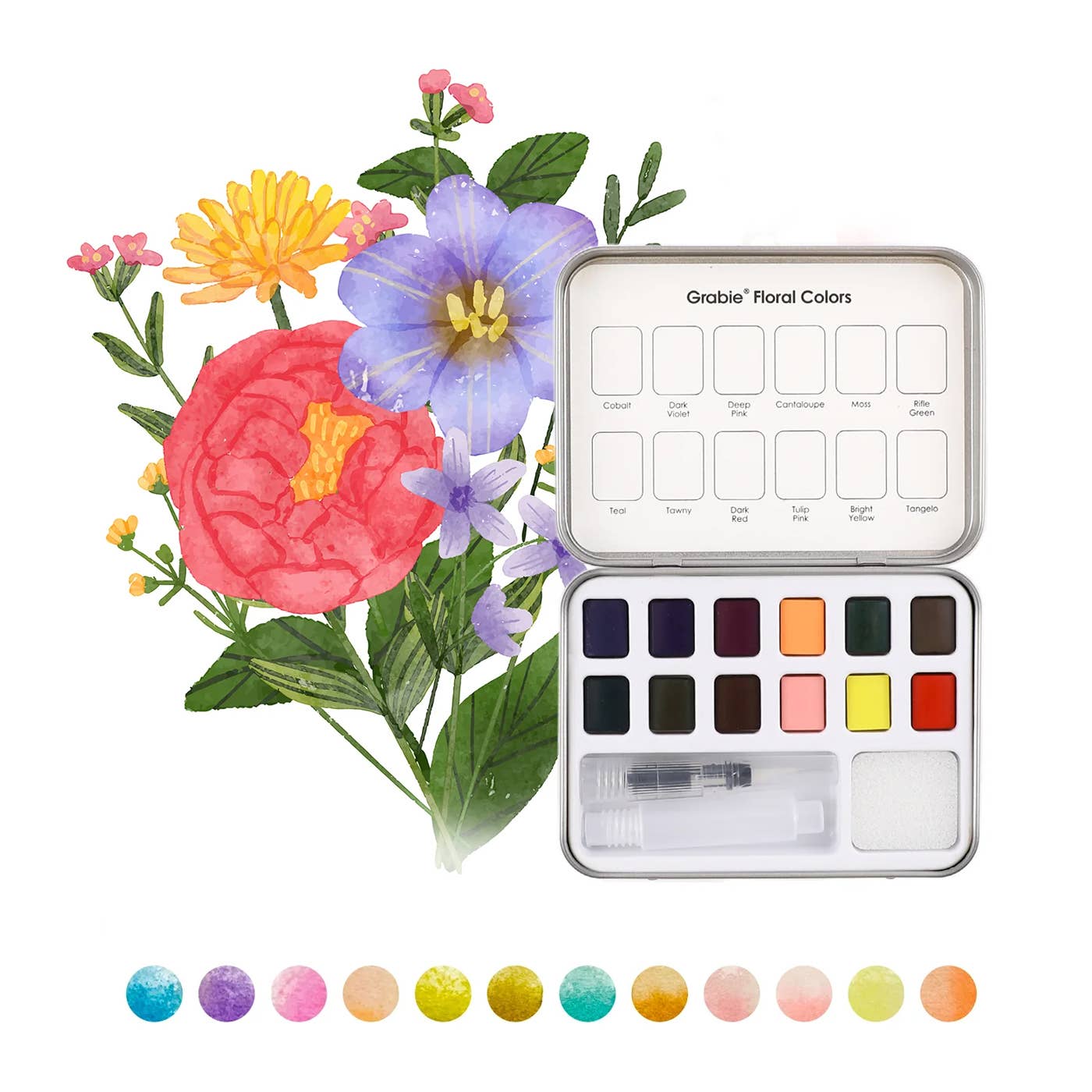 Set of watercolor paints with a floral design on a white background