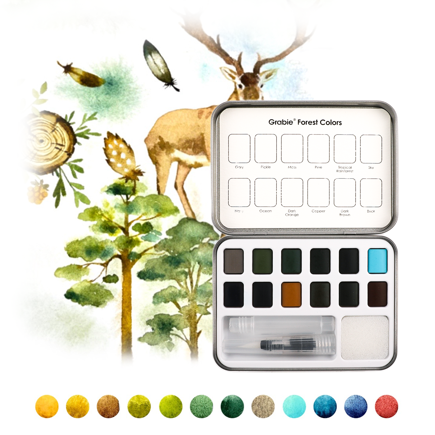 Grabcie forest colors paint set with nature-themed illustrations on a white background