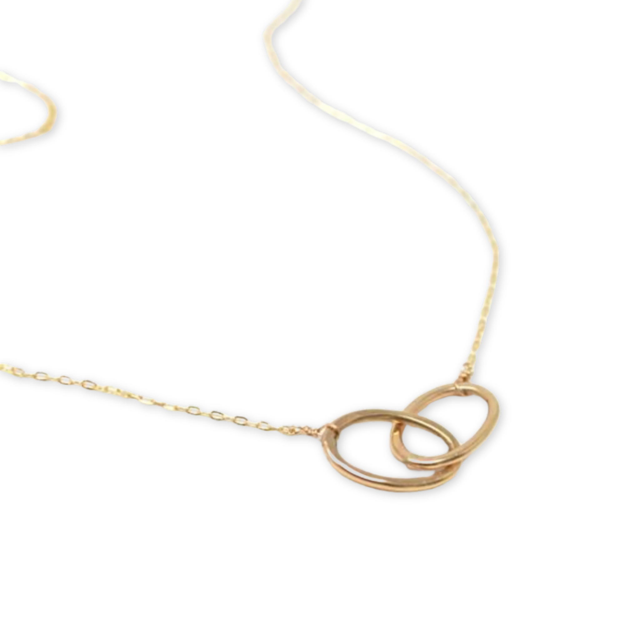 necklace with two interlocking ovals on a thin chain