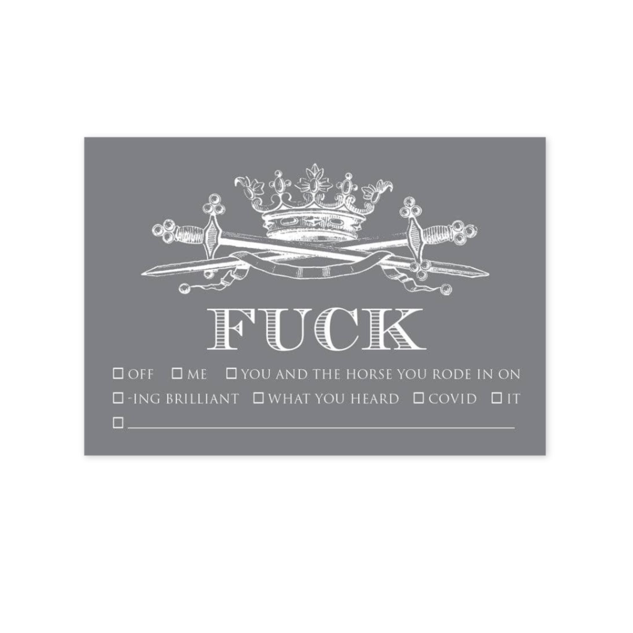 Gray card with white text and design elements on a white background