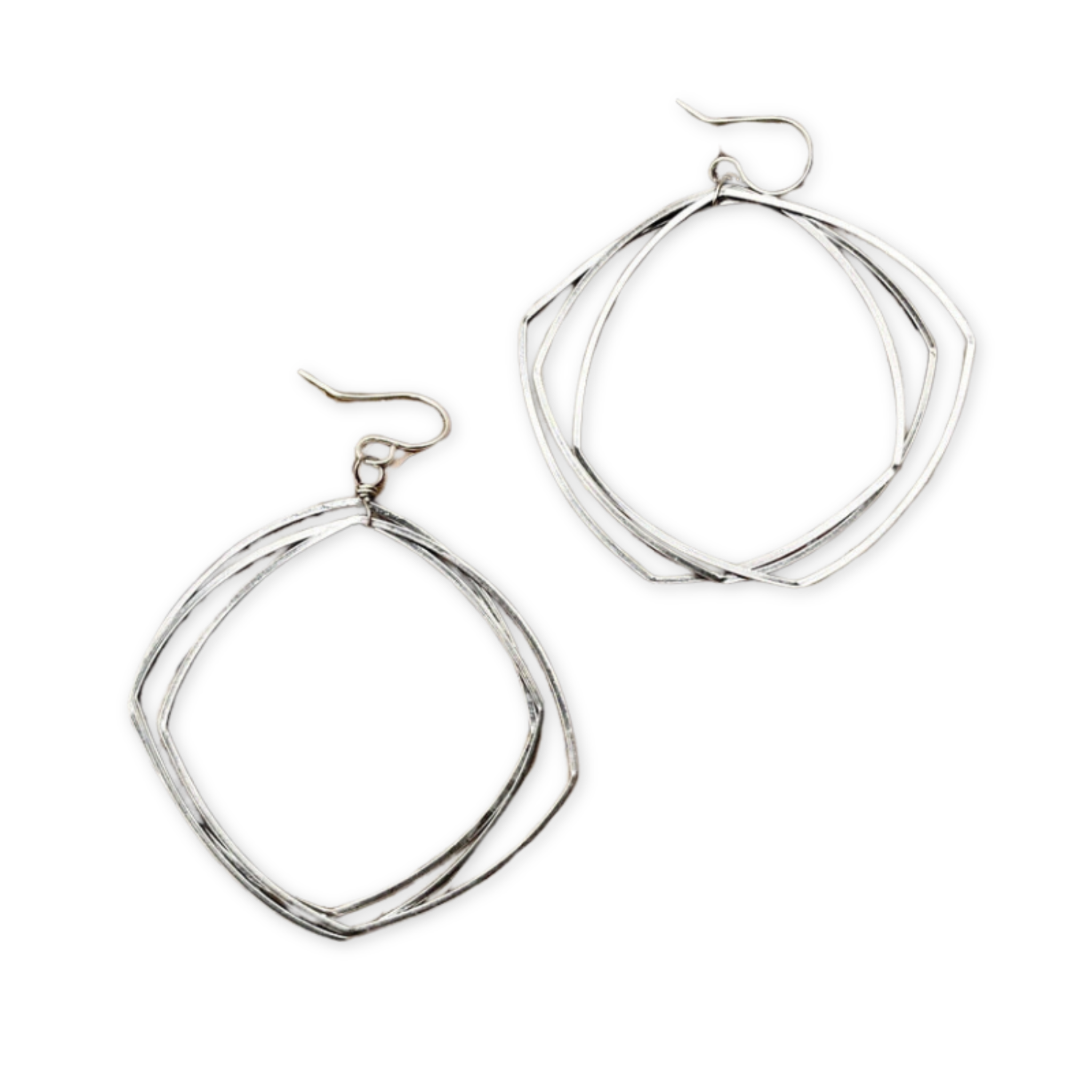 earrings with cluster of three hammered hanging square hoops