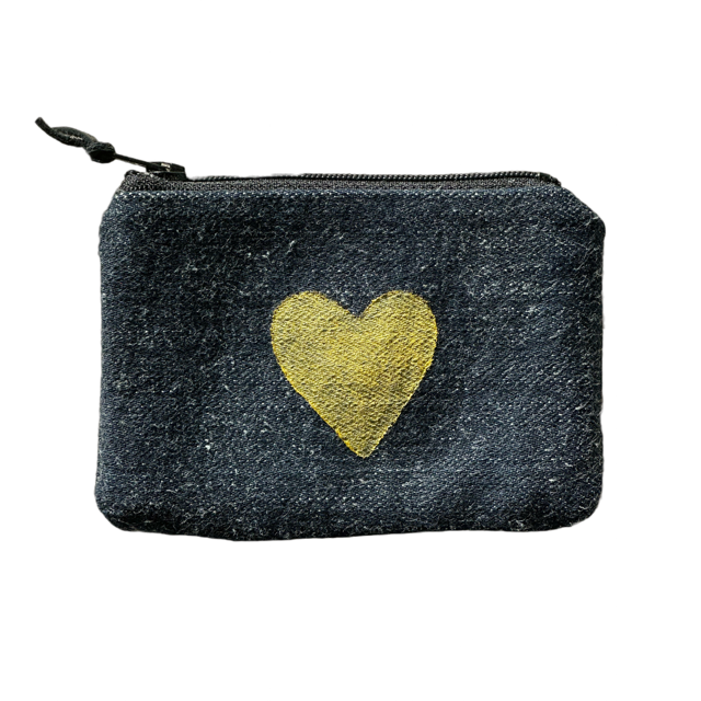 Gold Heart Block Print Denim Coin Purse