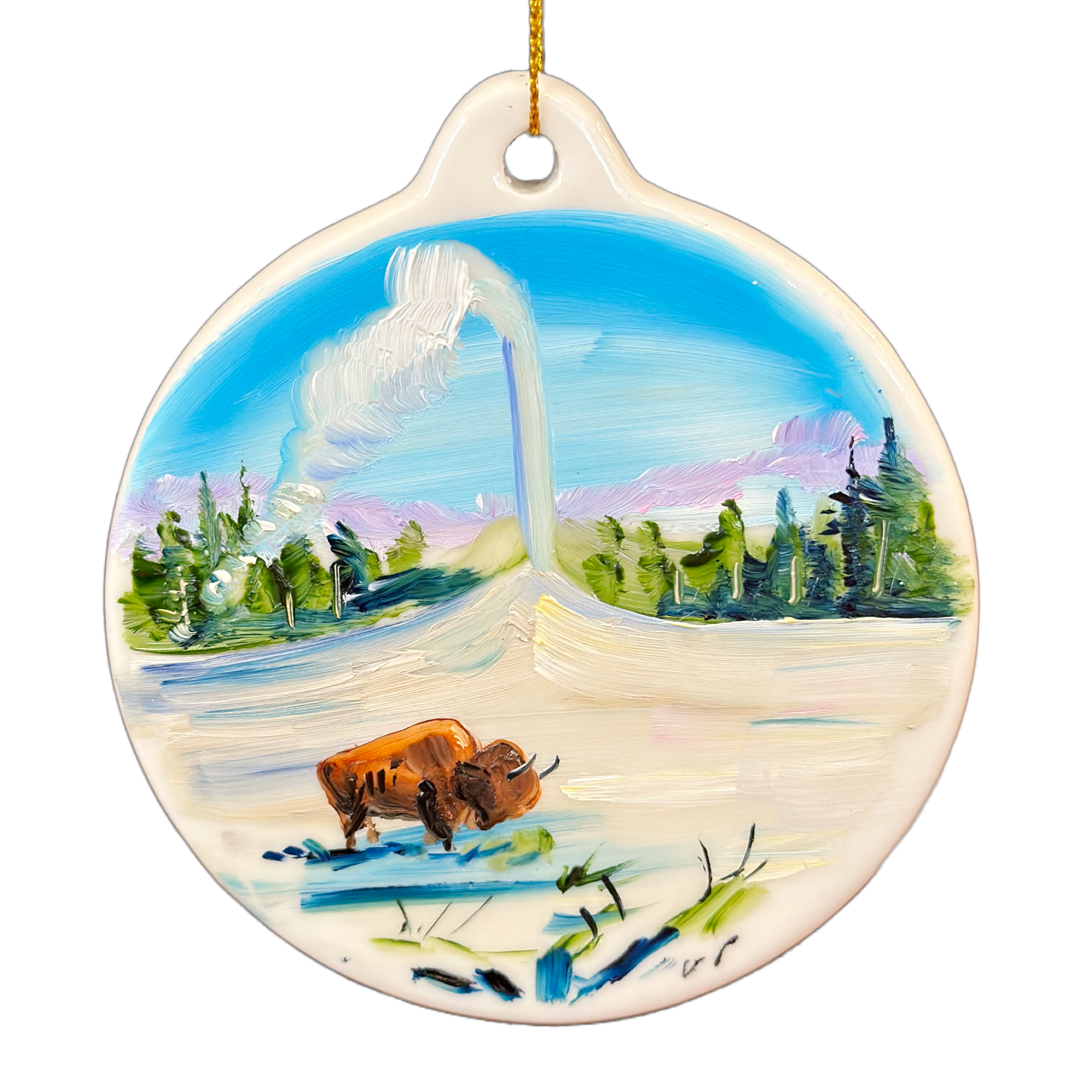 Old Faithful Geyser Bison Ornament - Hand Painted