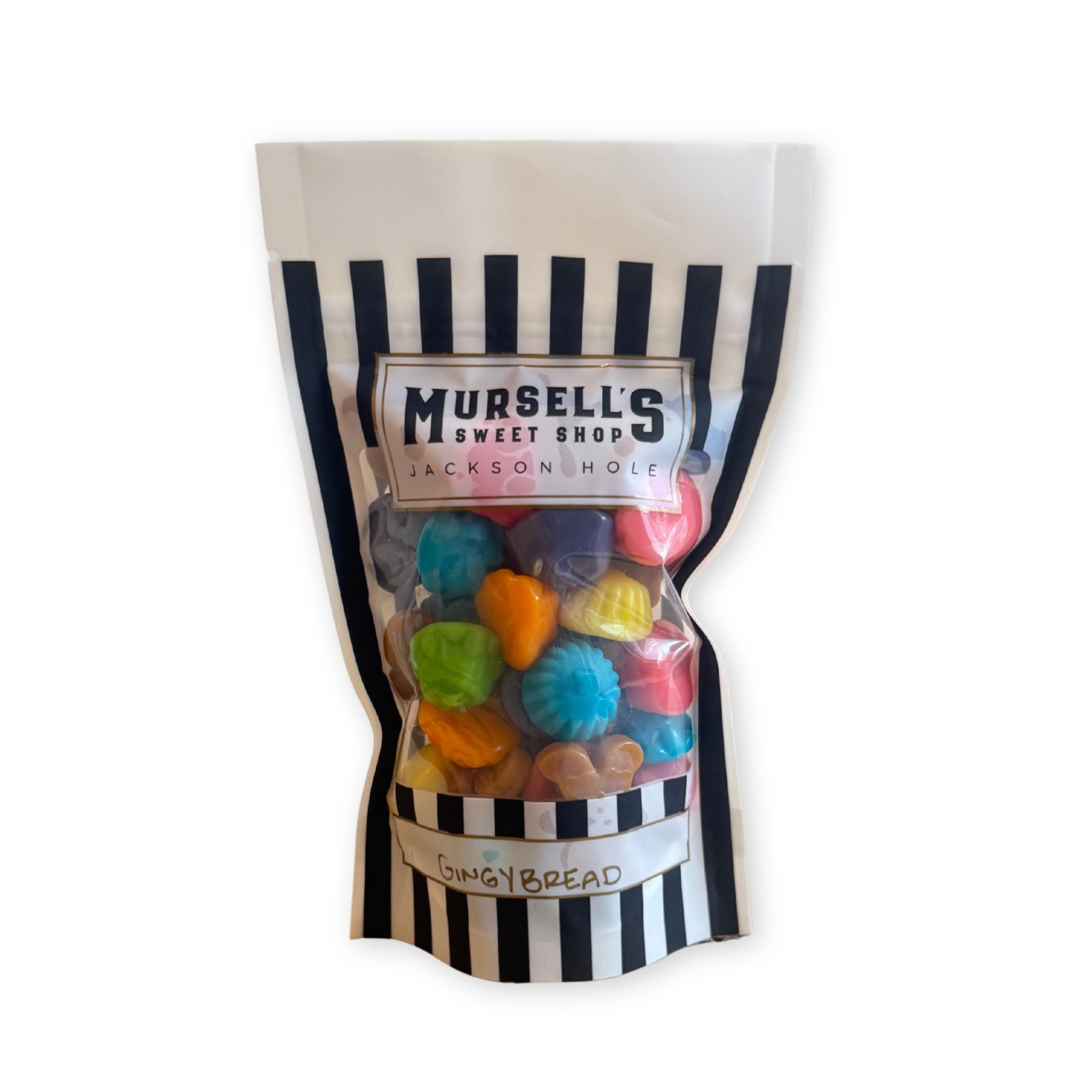 Colorful gummies packaged in Mursell's Sweet Shop white and blue stripped packaging.