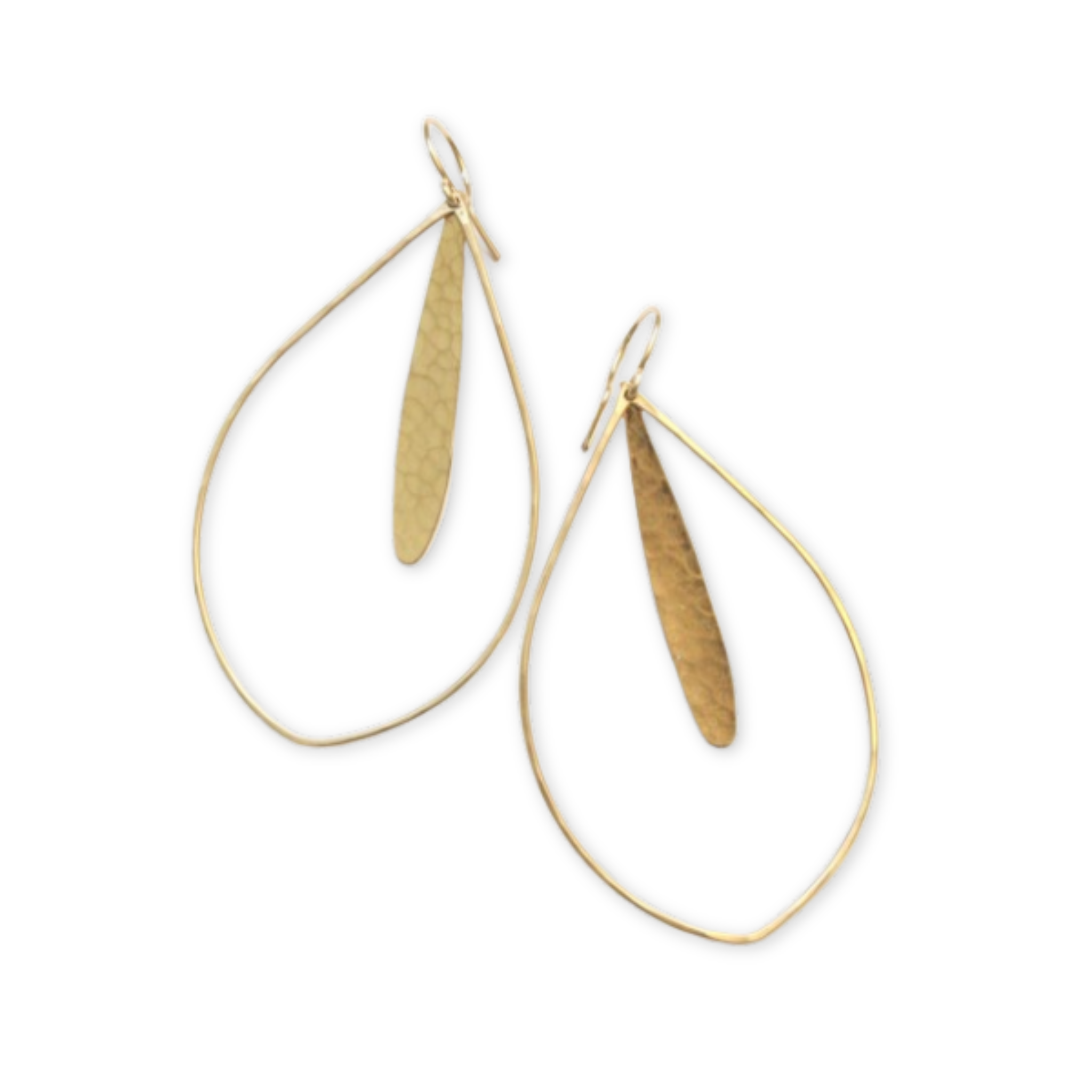 teardrop shaped earrings with a long hammered dangling pendant