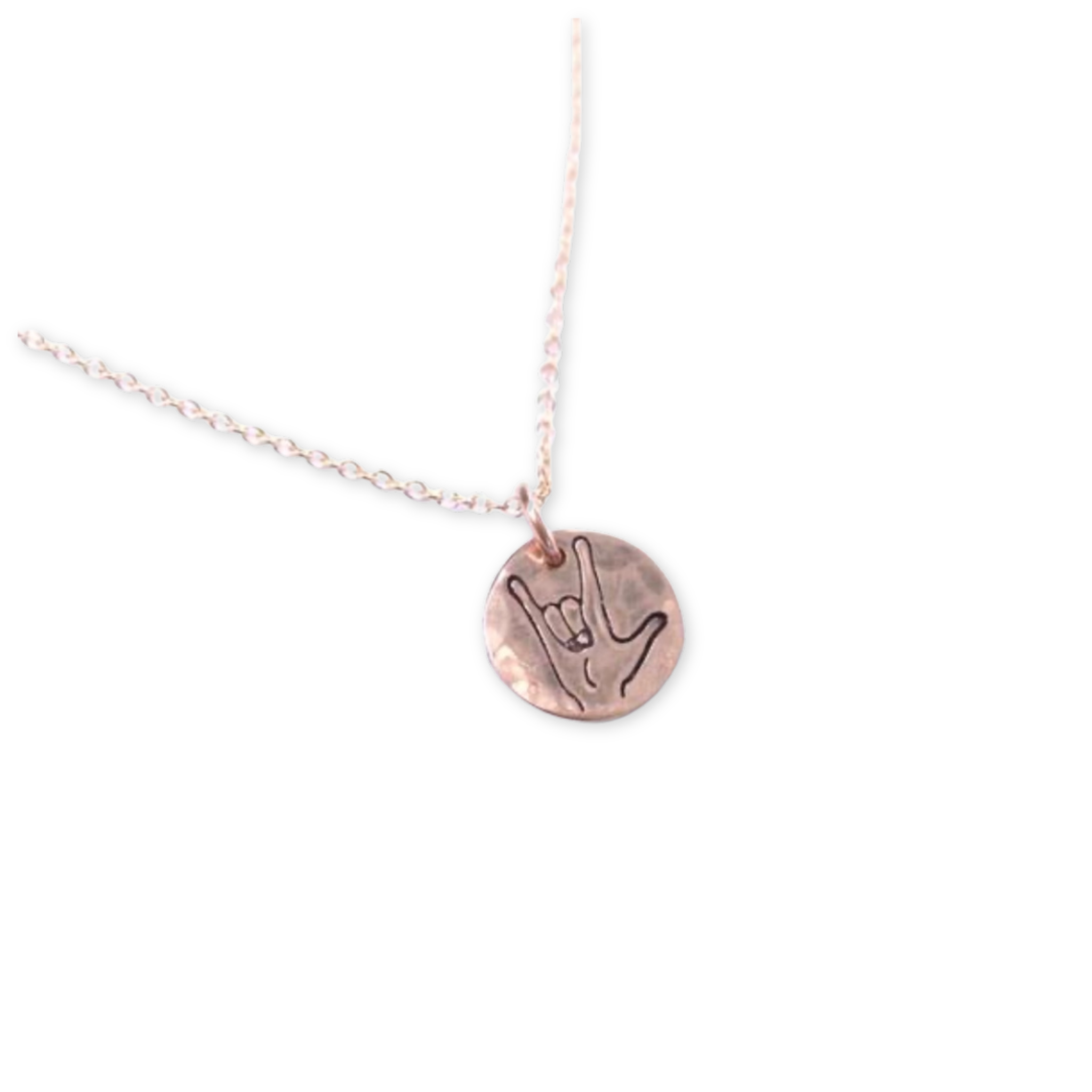 necklace with a hammered round disc and a stamped sign language symbol meaning i love you