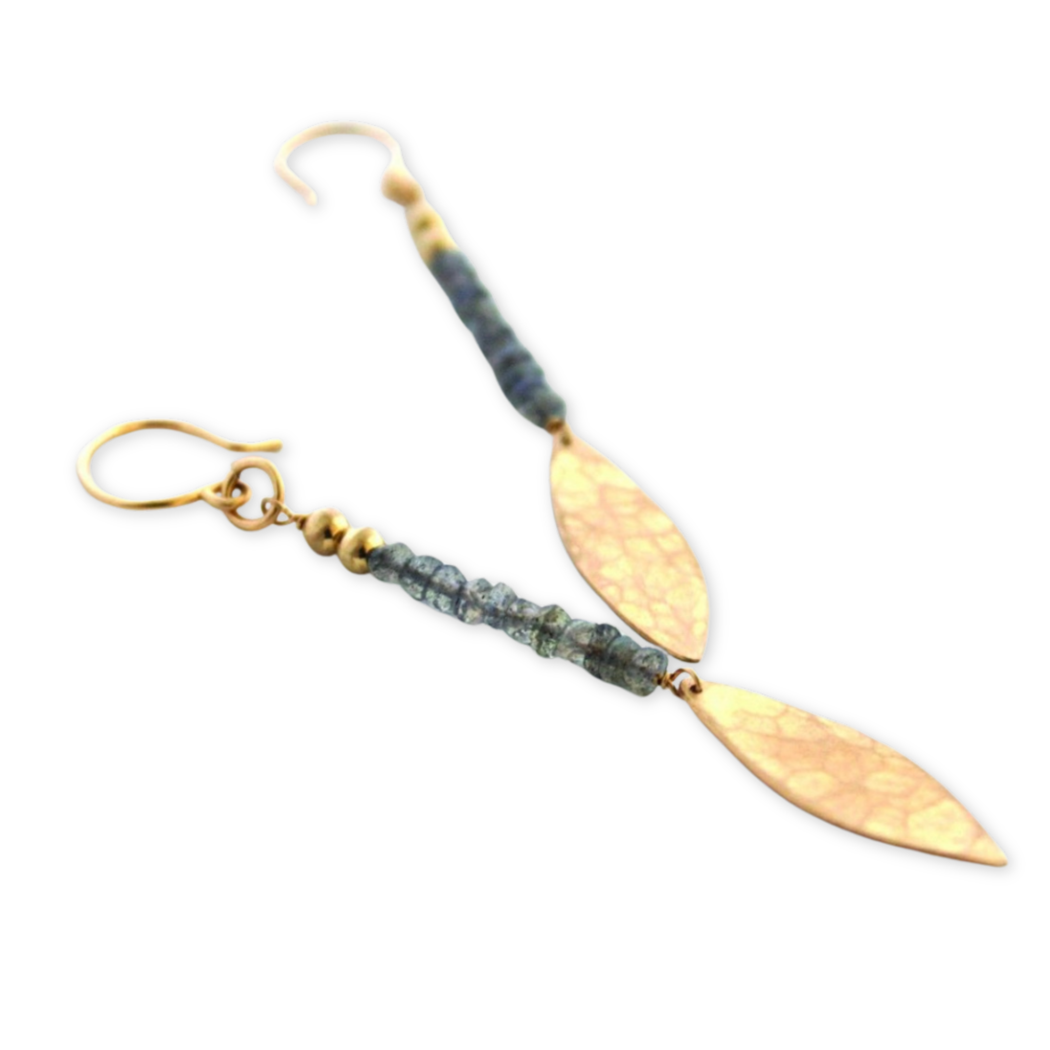 a pair of earrings with row of stones and a small feather pendant