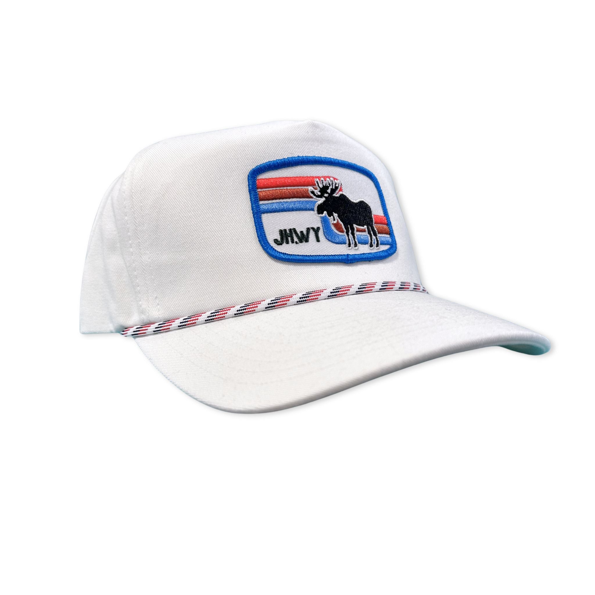 A cotton white rope hat featuring the JH.WY retro moose patch.