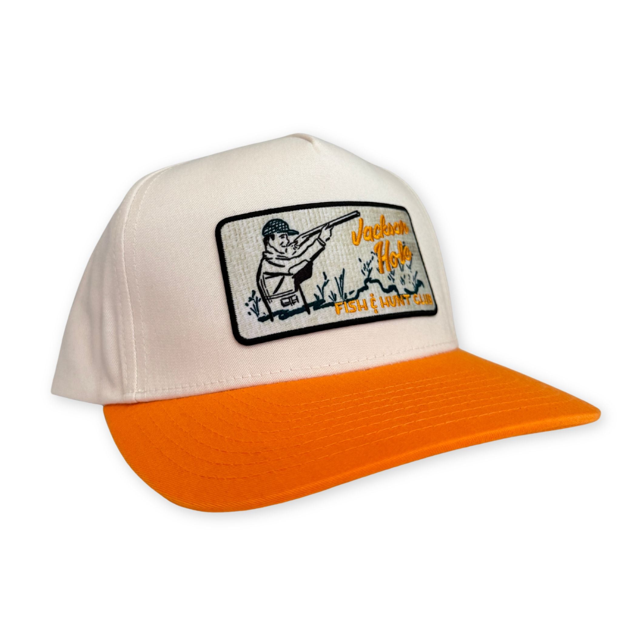 Trucker hat with orange brim and white front panel featuring a hunting design and text.