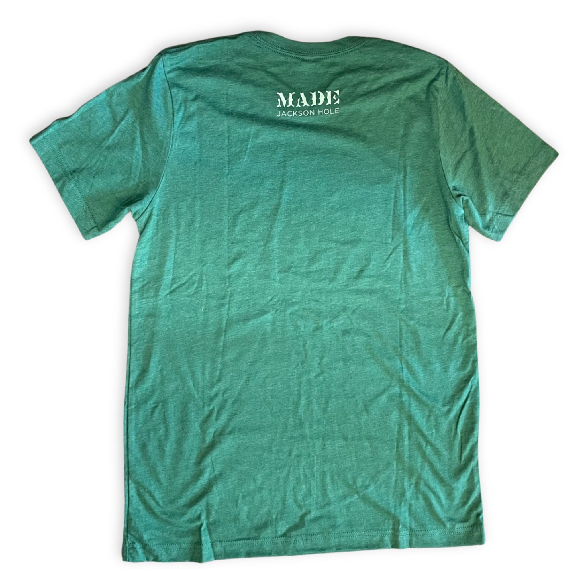 Back of Green Shirt with Shop logo on the neck