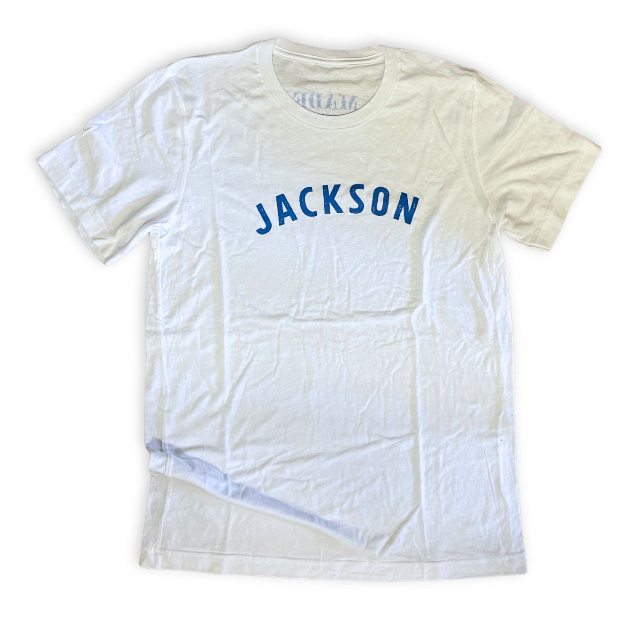 Classic White Tshirt with Jackson spelled across the chest in blue
