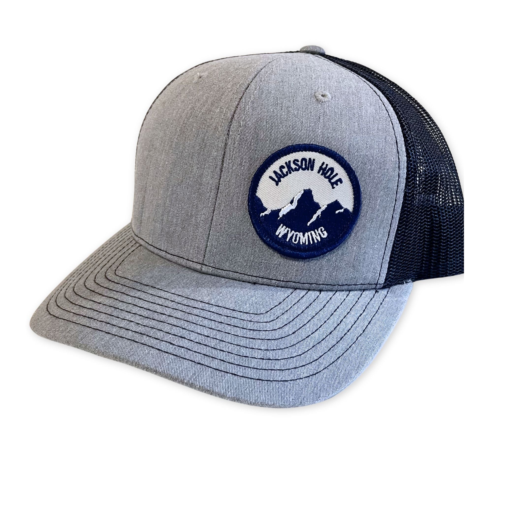 Heather Gray and Navy Jackson Hole Wyoming Circular Patch Trucker