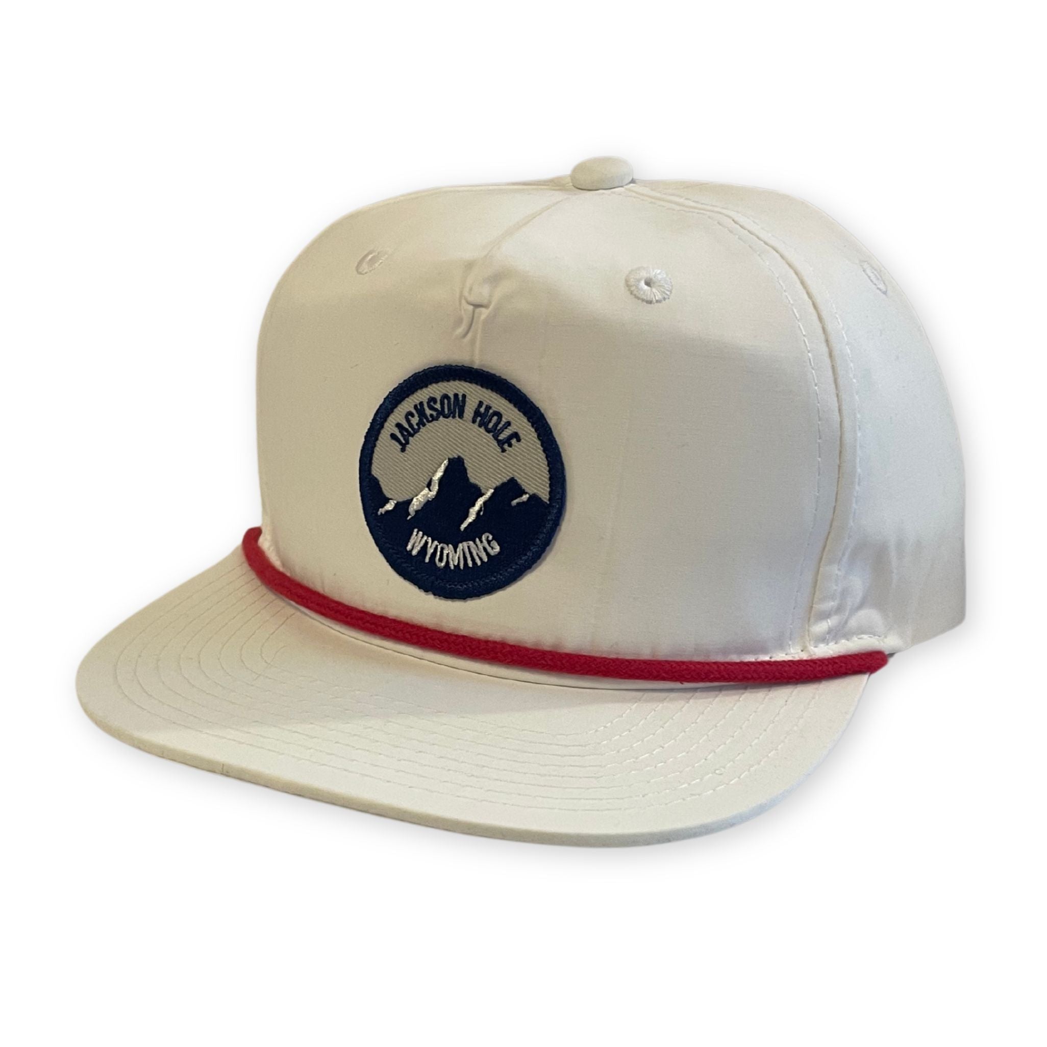 White Flat Brim Hat with Red Roping and a Round Jackson Hole Mountain Patch 