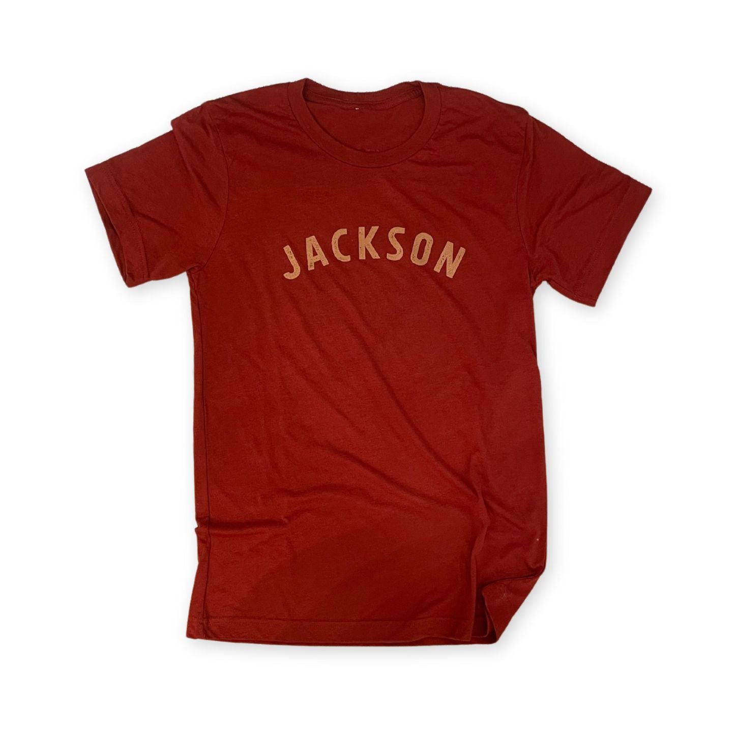 classic jackson shirt in rust with a faded typeface logo