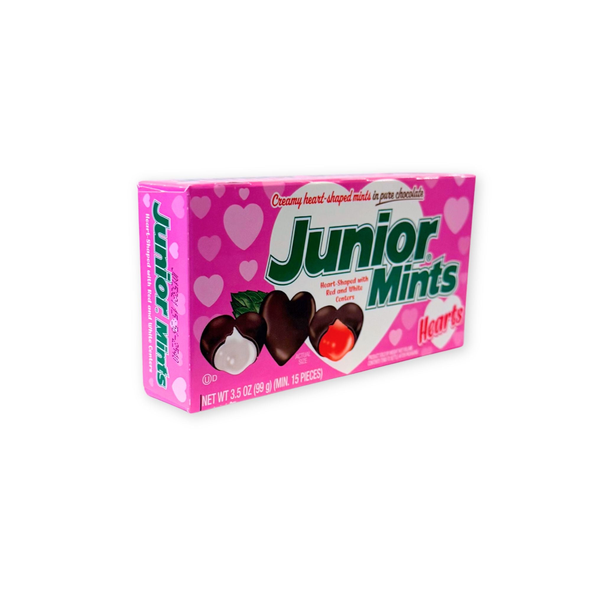 Box of junior mints heart candy with red and white centers.