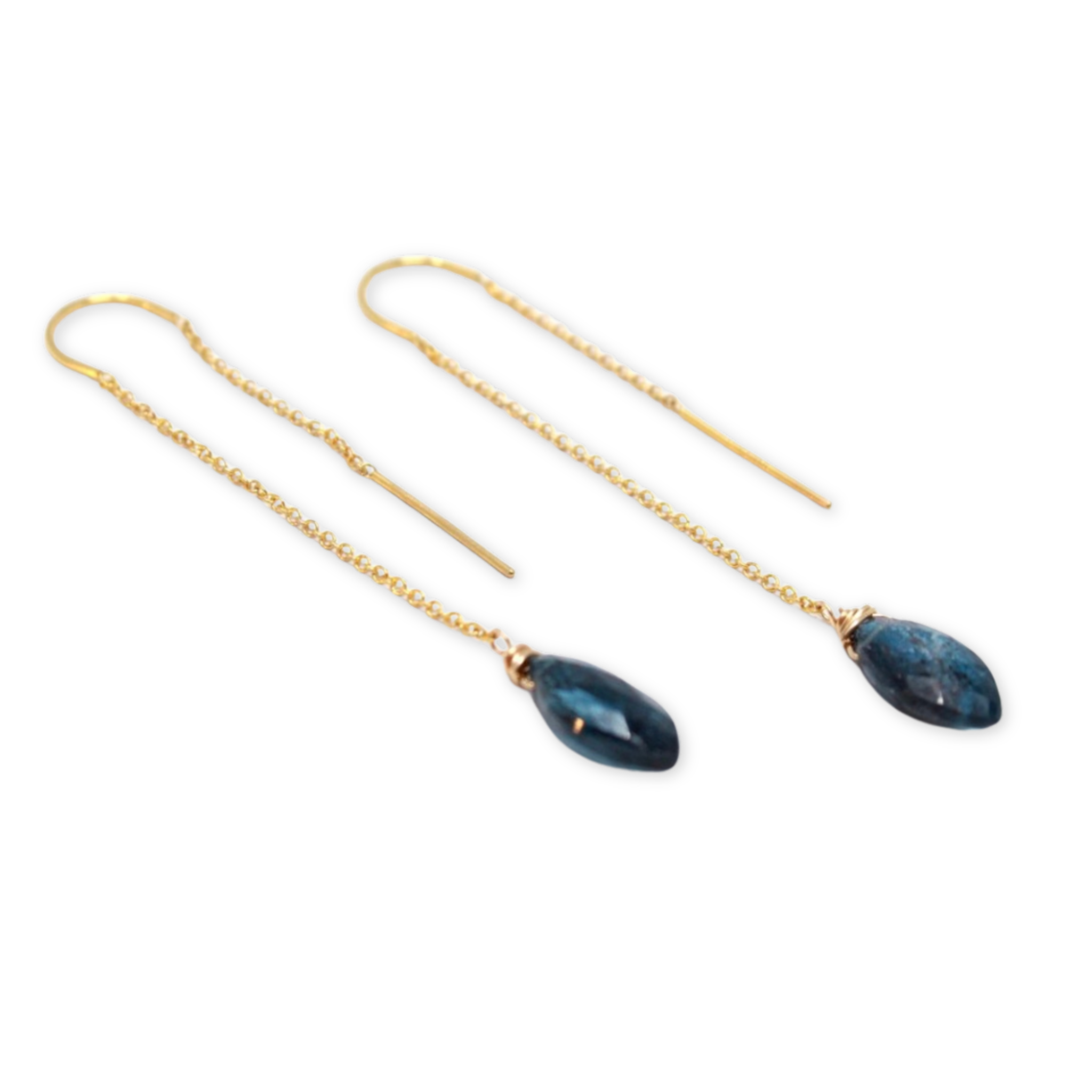 threader earrings with a kyanite stone hanging on a delicate chain