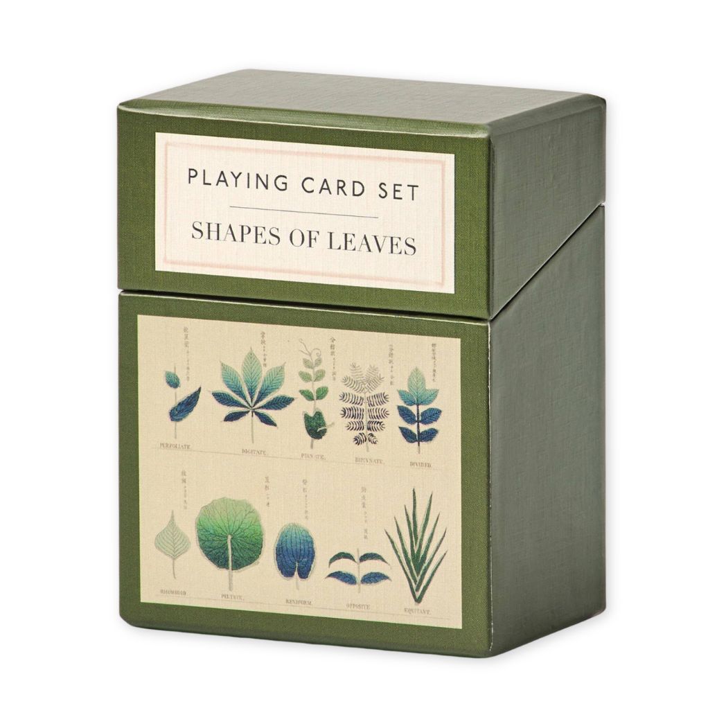 Playing card set with leaf shapes on a green box