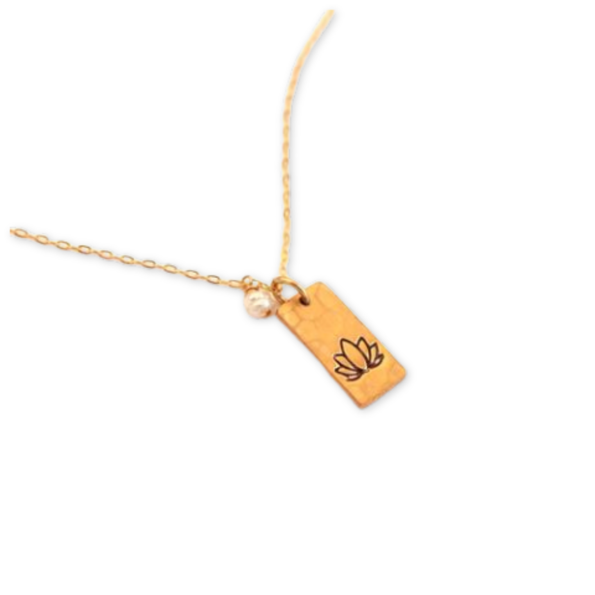 a rectangular pendant with a stamped lotus accompanied by two small pearls
