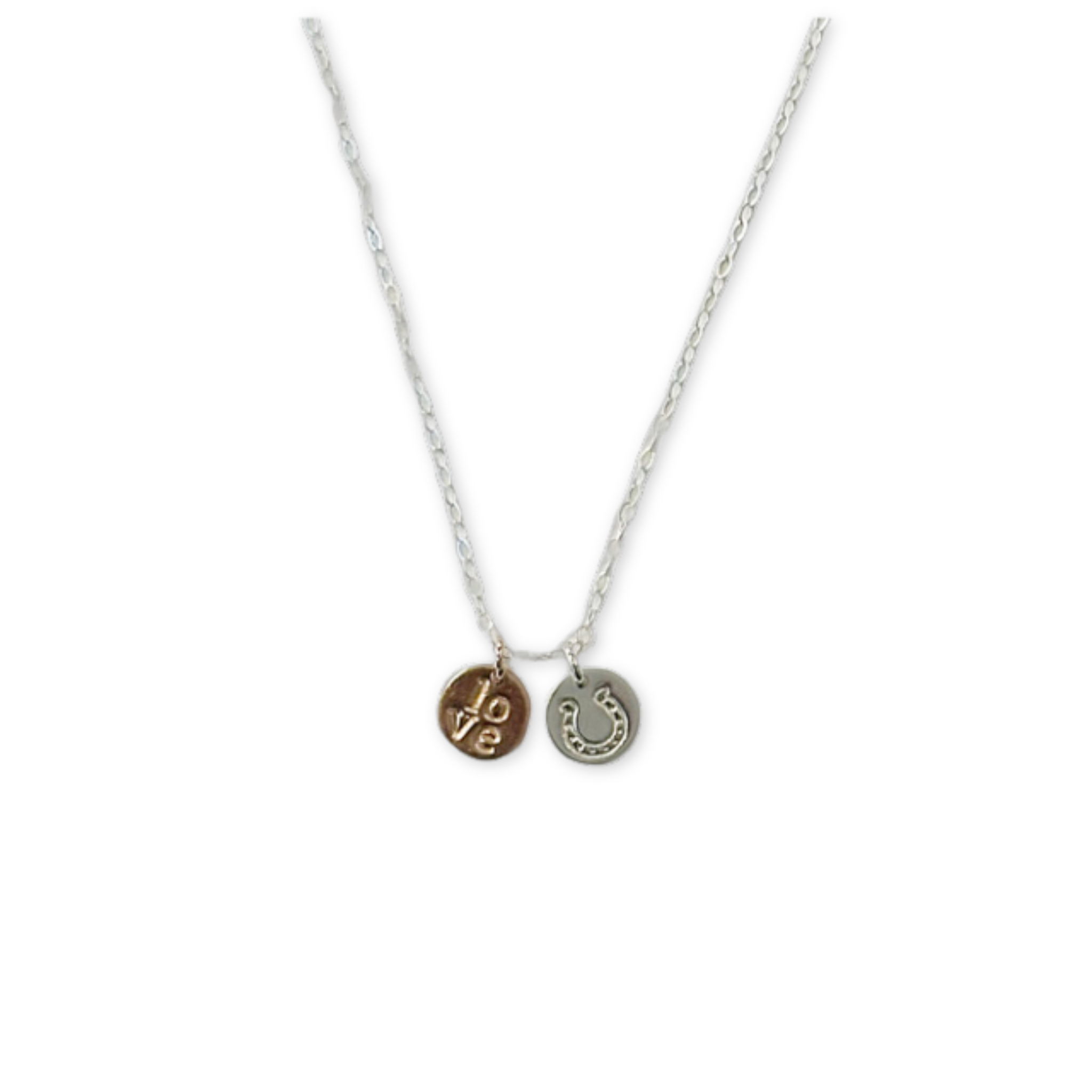 necklace with two stamped charms with the word love and a horseshoe