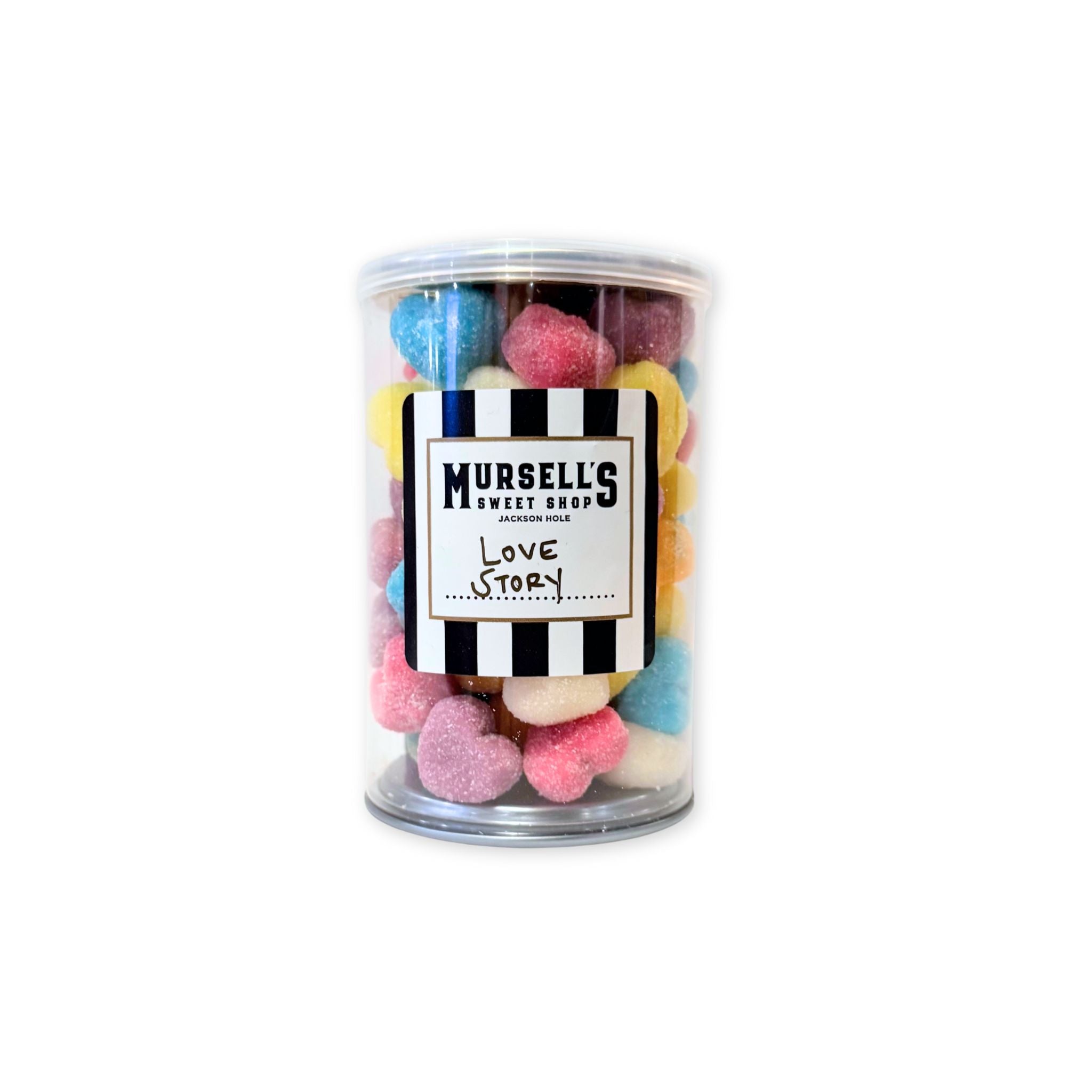 A jar of gummi hearts in the flavors blue raspberry, strawberry, mango, green apple, orange, grape, and pineapple.